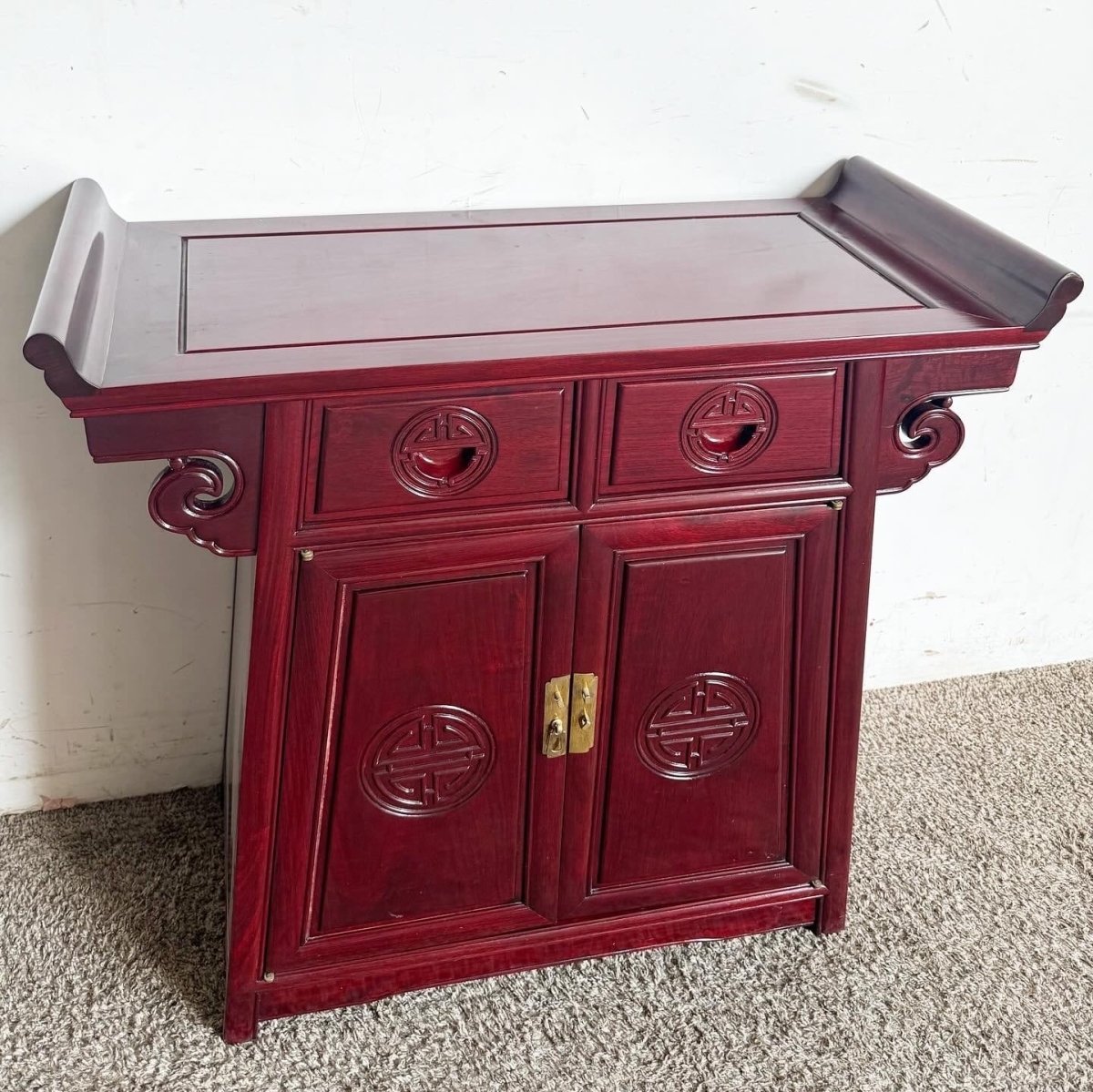 Chinese Carved Rosewood Altar Console Table - Dolphin & Flamingo