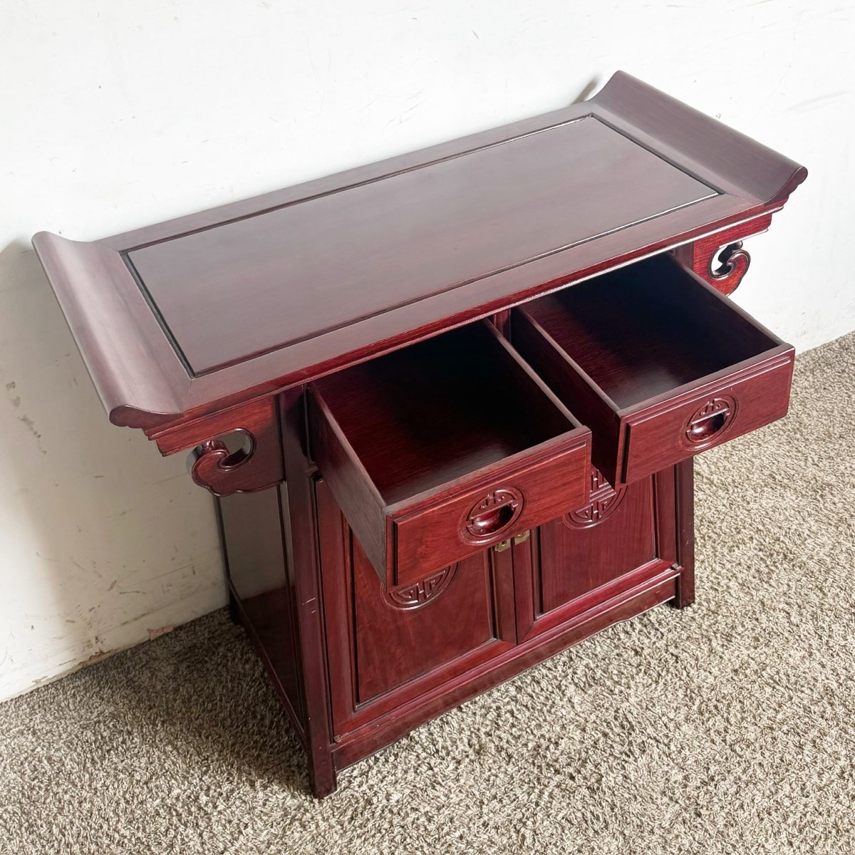 Chinese Carved Rosewood Altar Console Table - Dolphin & Flamingo
