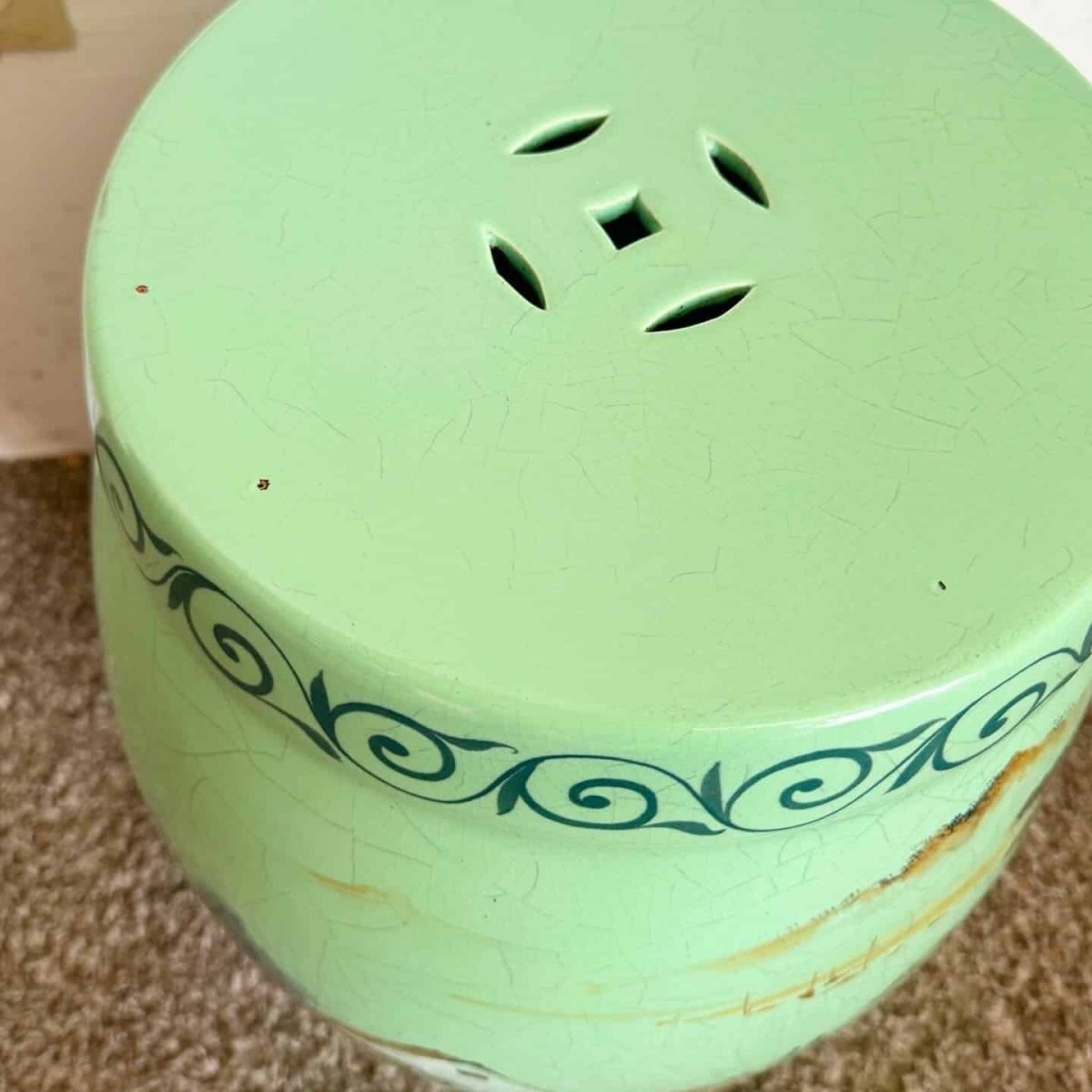 Chinese Celadon Glazed Porcelain Garden Stool - Dolphin & Flamingo