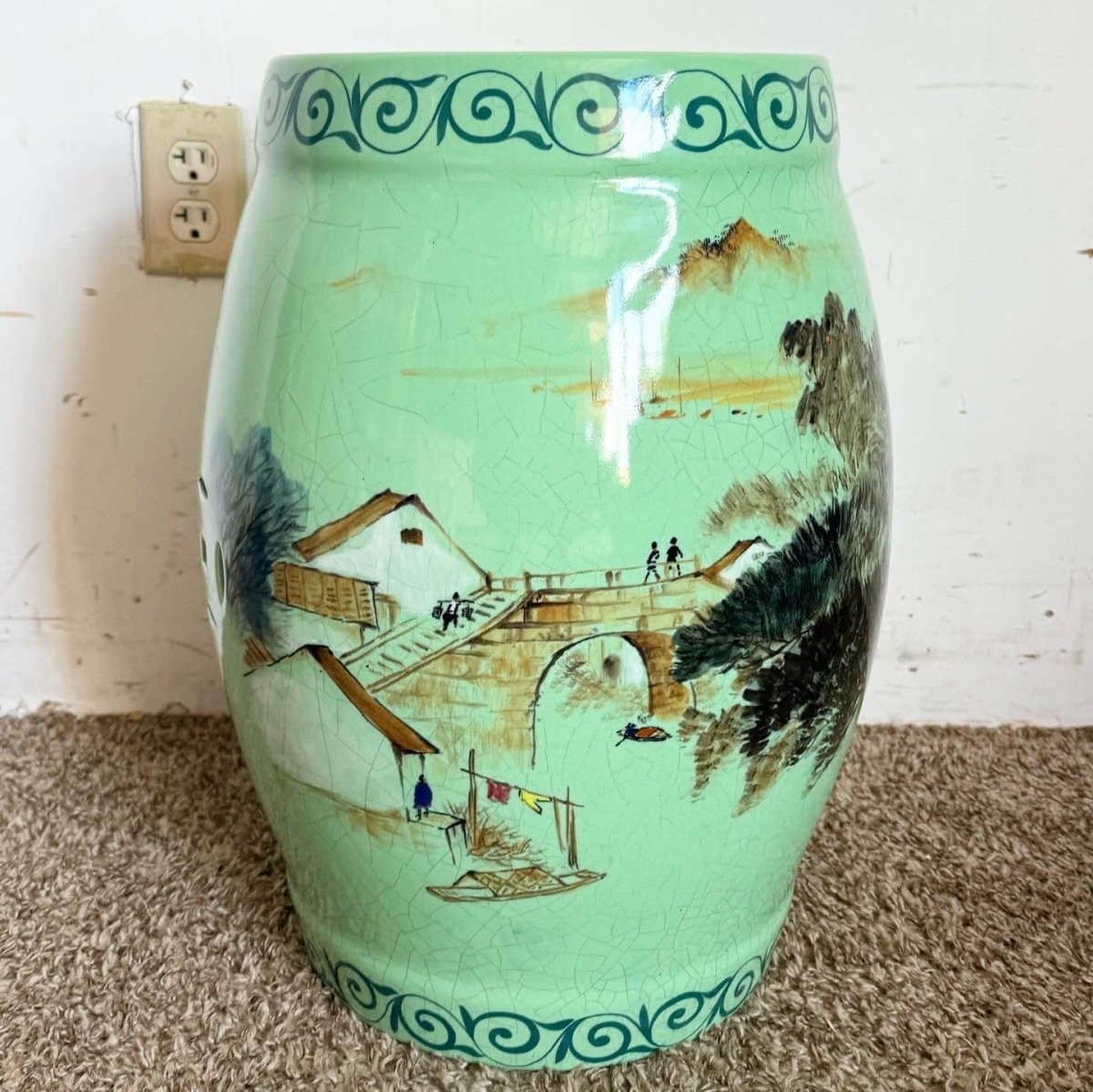 Chinese Celadon Glazed Porcelain Garden Stool - Dolphin & Flamingo