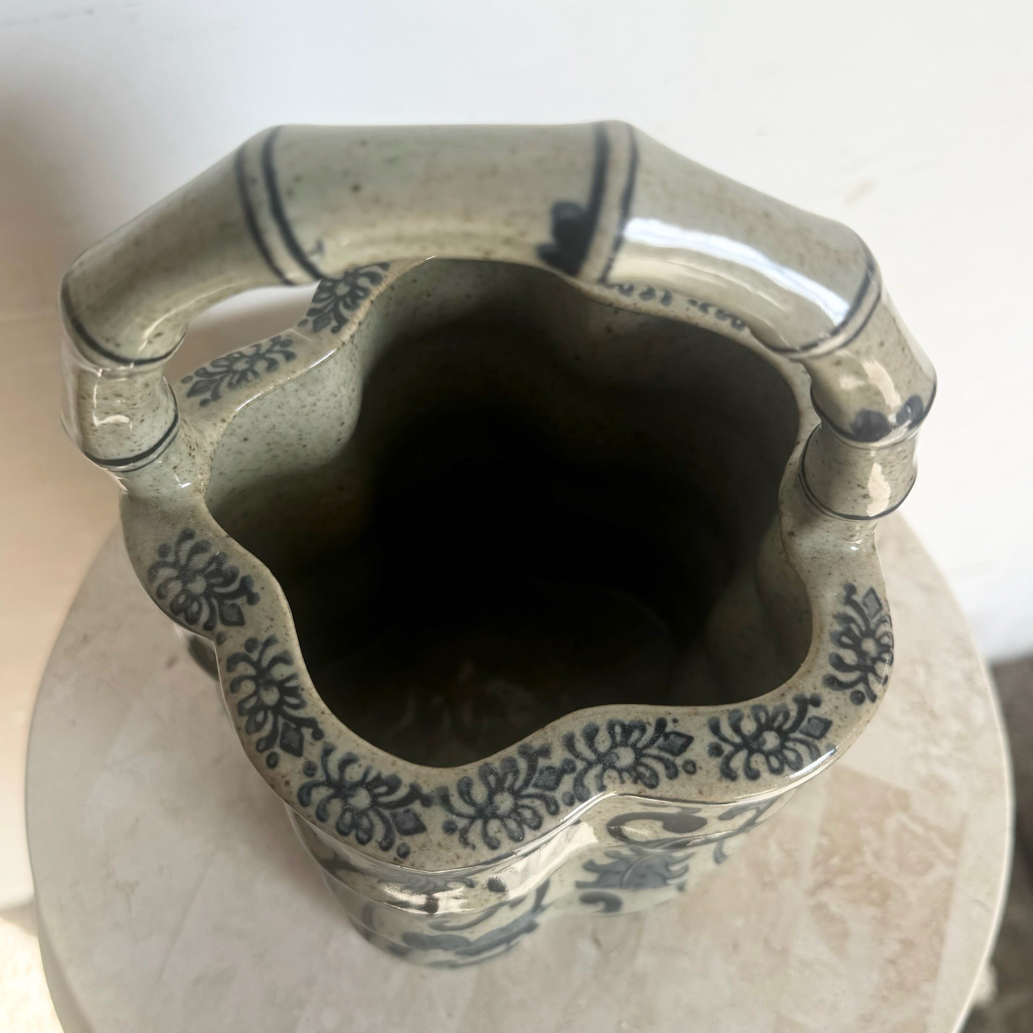 Chinese Faux Bamboo Porcelain Basket Vase - Dolphin & Flamingo