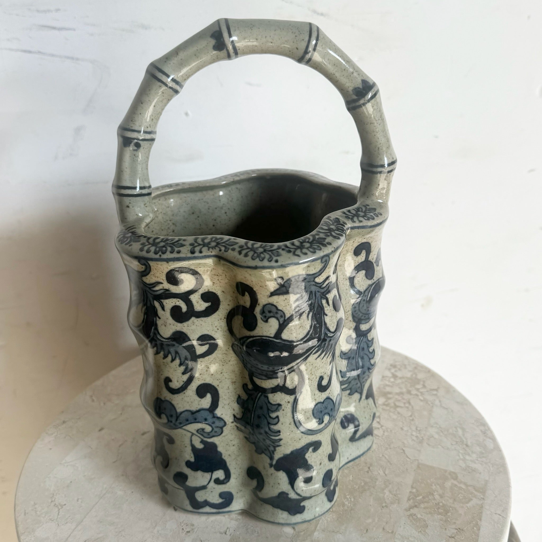 Chinese Faux Bamboo Porcelain Basket Vase - Dolphin & Flamingo