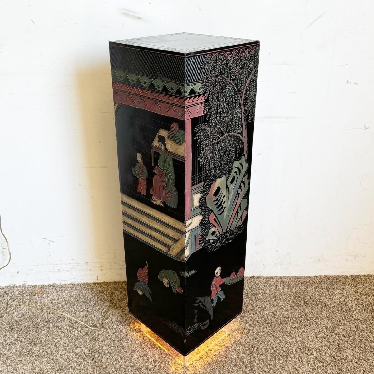 Chinese Hand Carved and Painted Black Pedestal With Lit Acrylic Base - Dolphin & Flamingo