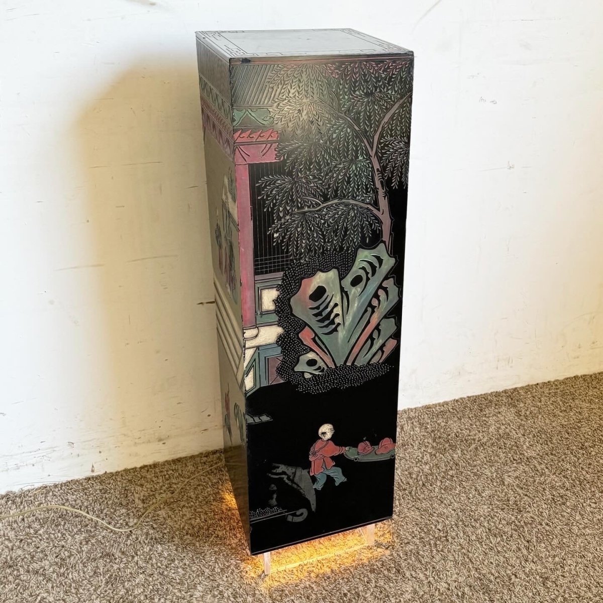 Chinese Hand Carved and Painted Black Pedestal With Lit Acrylic Base - Dolphin & Flamingo