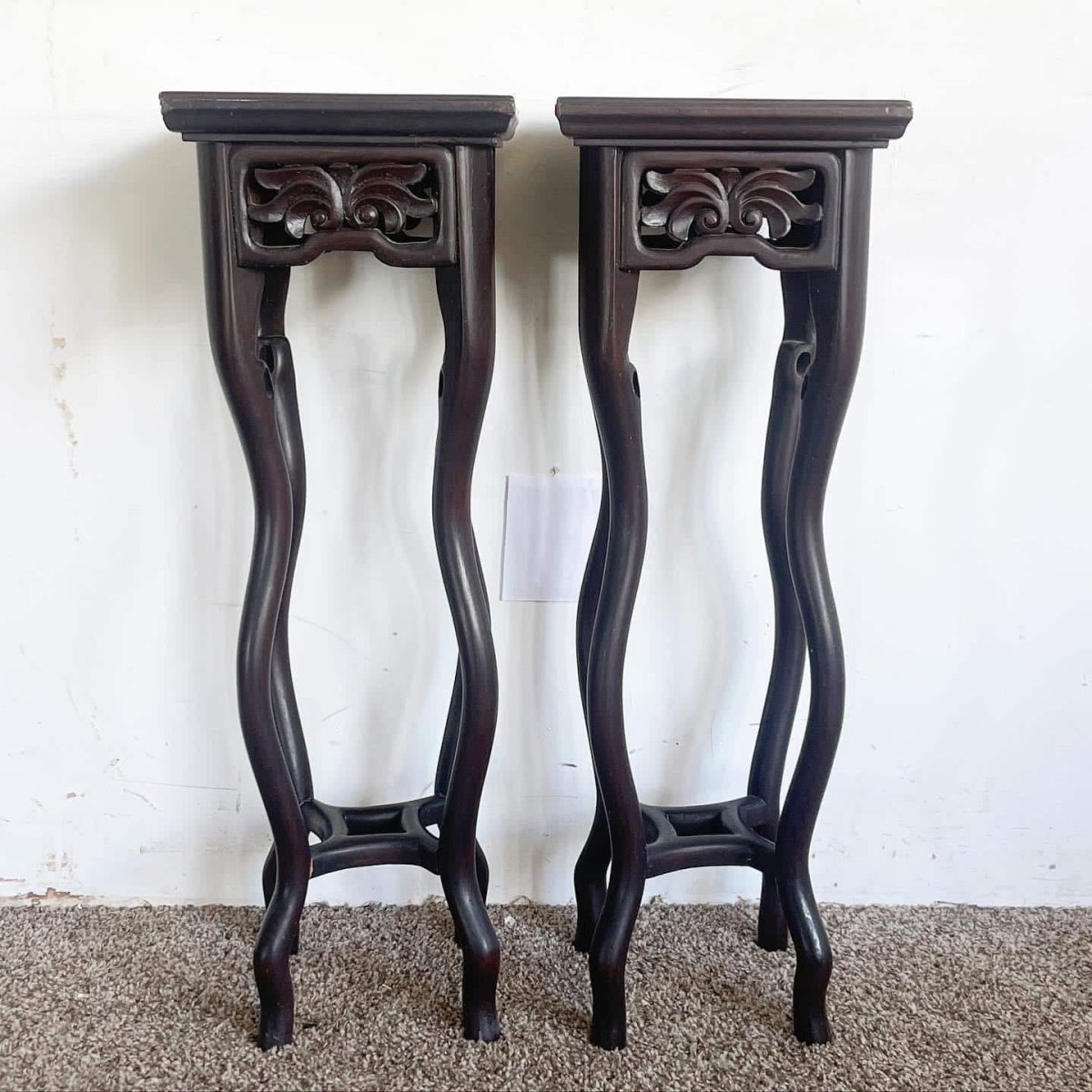 Chinese Hand Carved Rosewood Pedestal Side Tables - a Pair - Dolphin & Flamingo