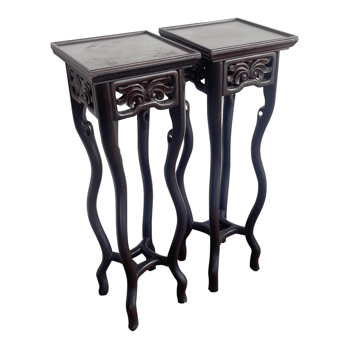 Chinese Hand Carved Rosewood Pedestal Side Tables - a Pair - Dolphin & Flamingo