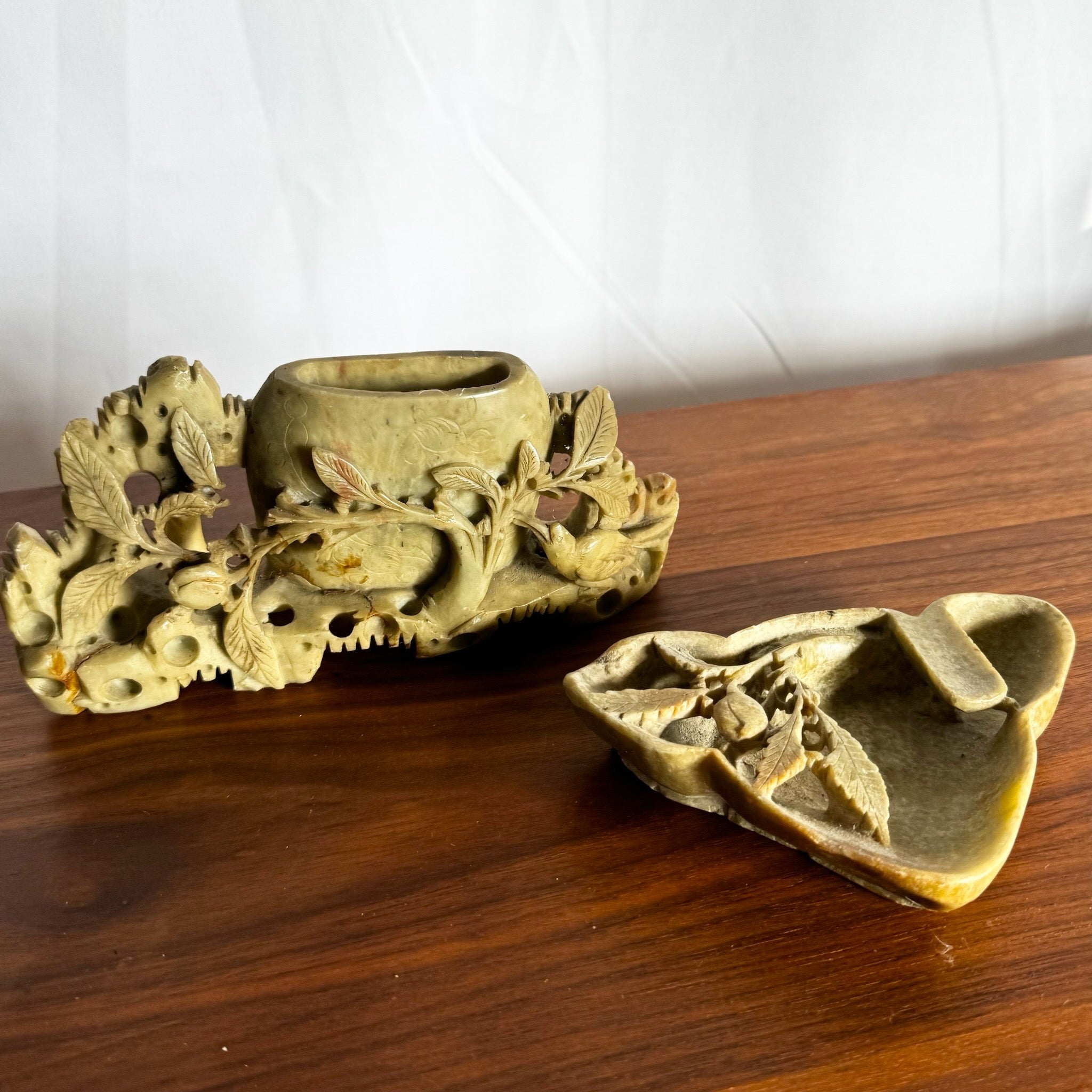 Chinese Hand Carved Soap Stone Dish and Vase - 2 Pieces - Dolphin & Flamingo