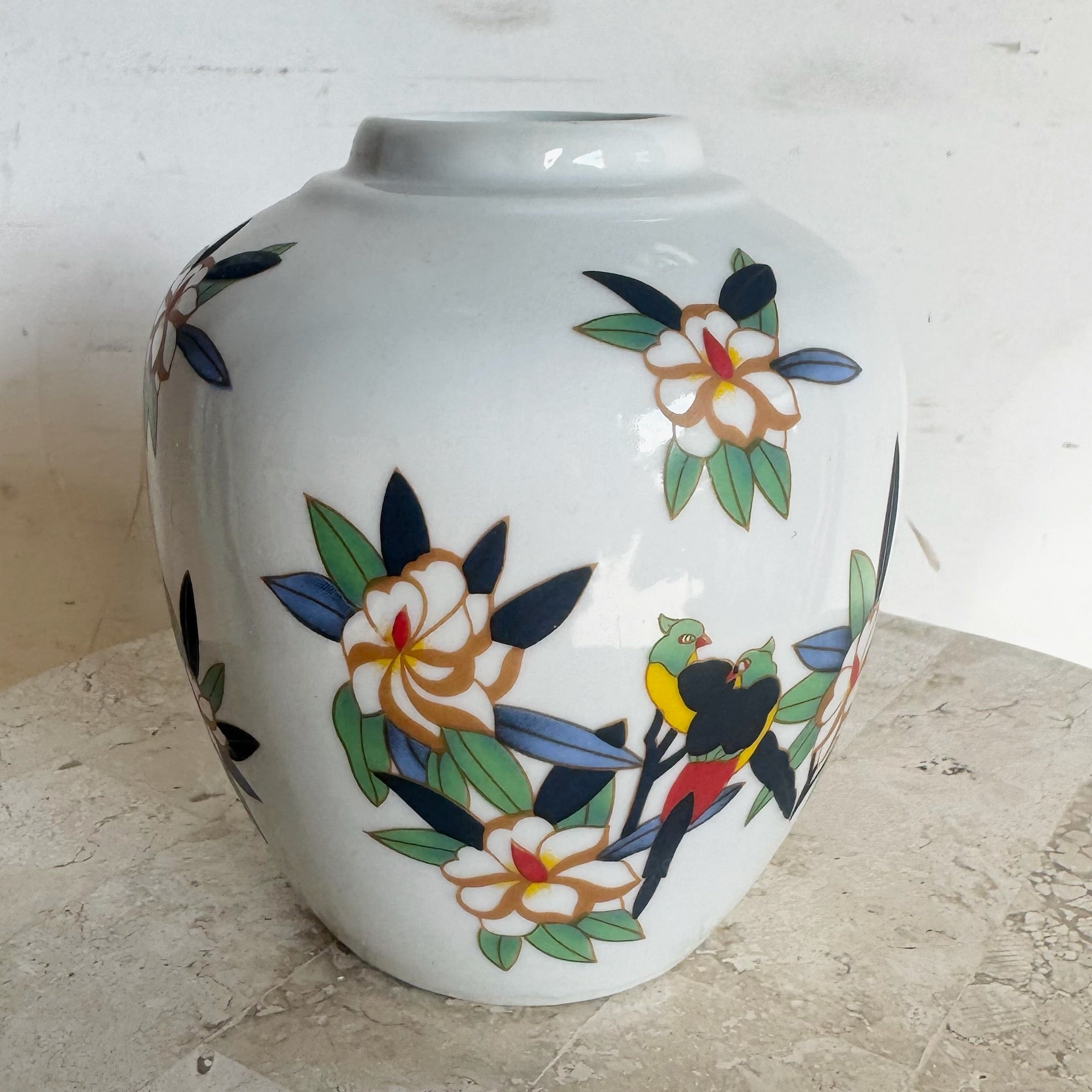 Chinese Hand Painted Floral Porcelain Vase - Dolphin & Flamingo