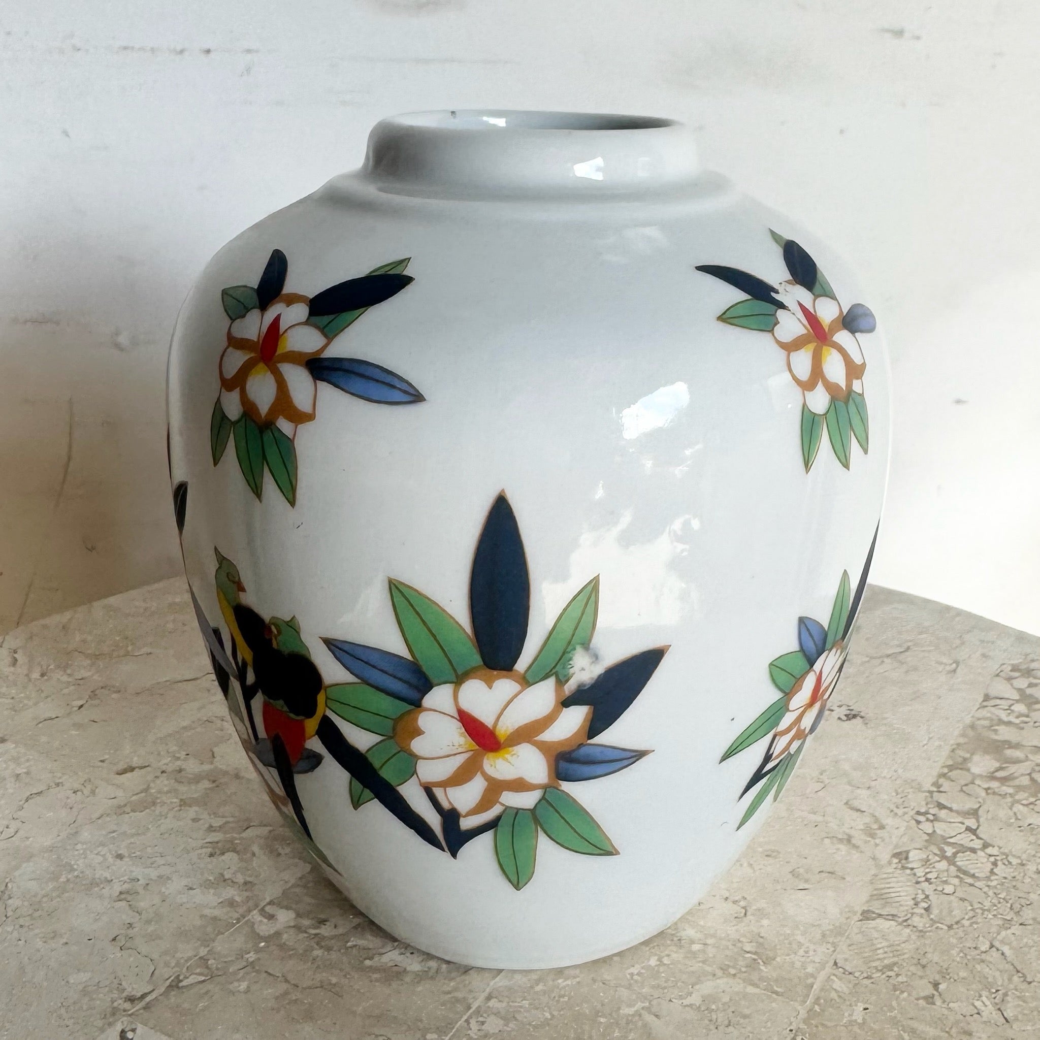Chinese Hand Painted Floral Porcelain Vase - Dolphin & Flamingo