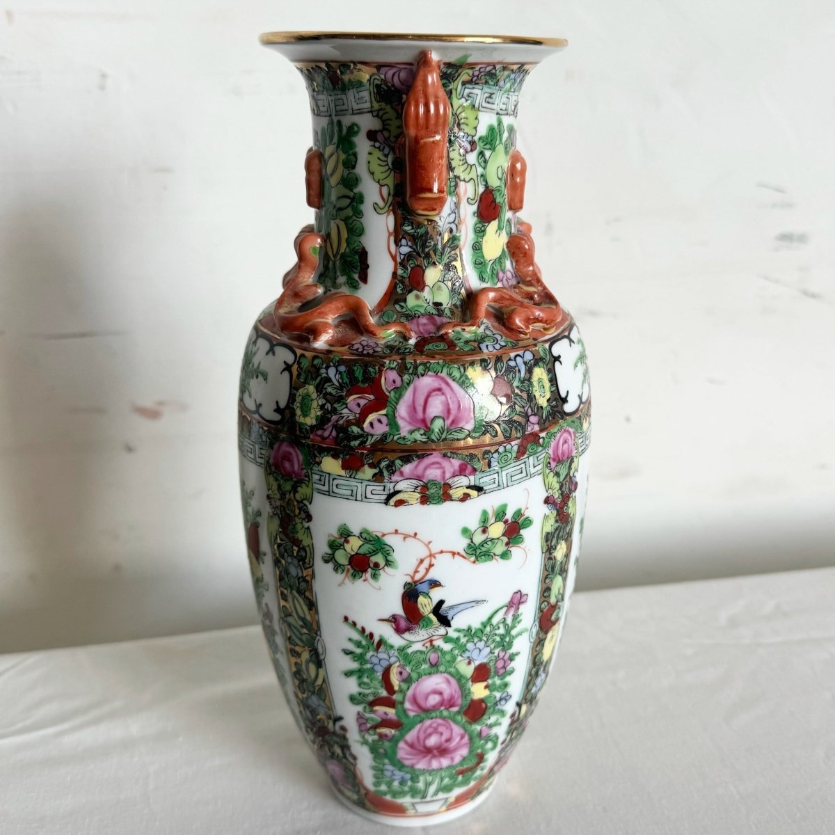 Chinese Hand Painted Multi Colored Vase - Dolphin & Flamingo