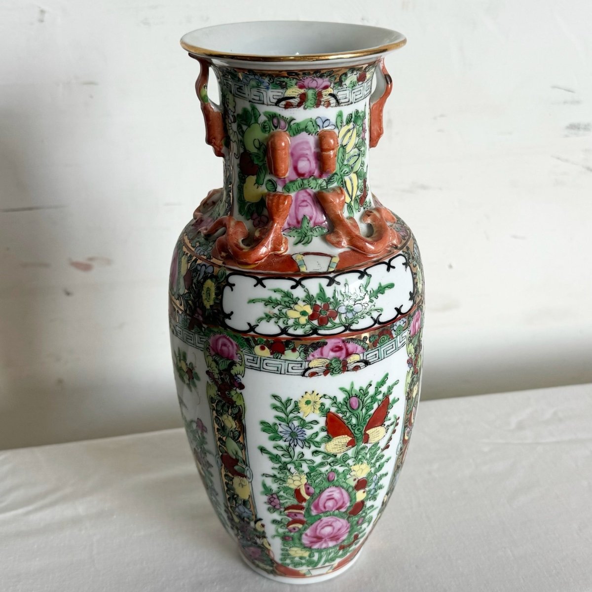Chinese Hand Painted Multi Colored Vase - Dolphin & Flamingo