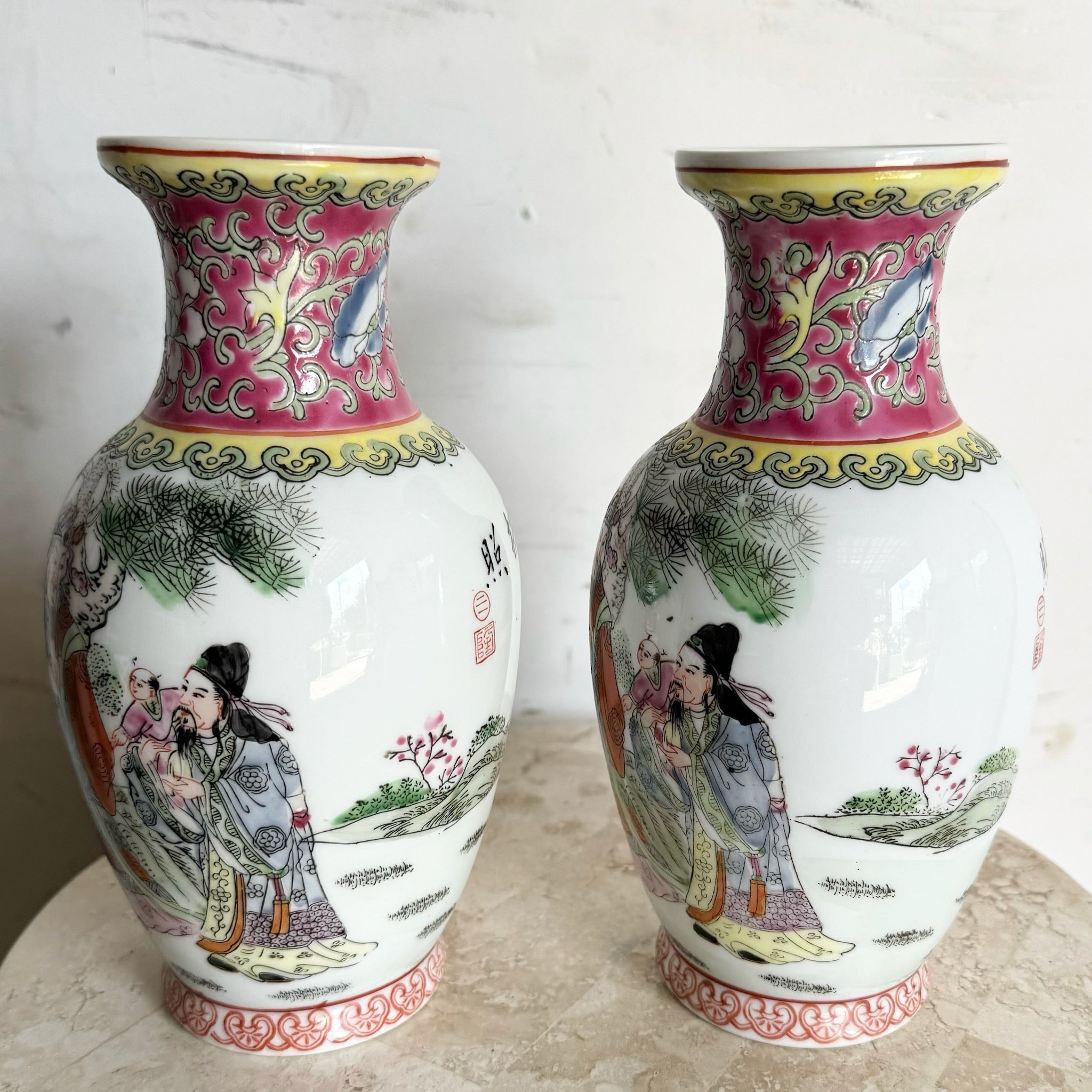 Chinese Hand Painted Porcelain Vases - a Pair - Dolphin & Flamingo