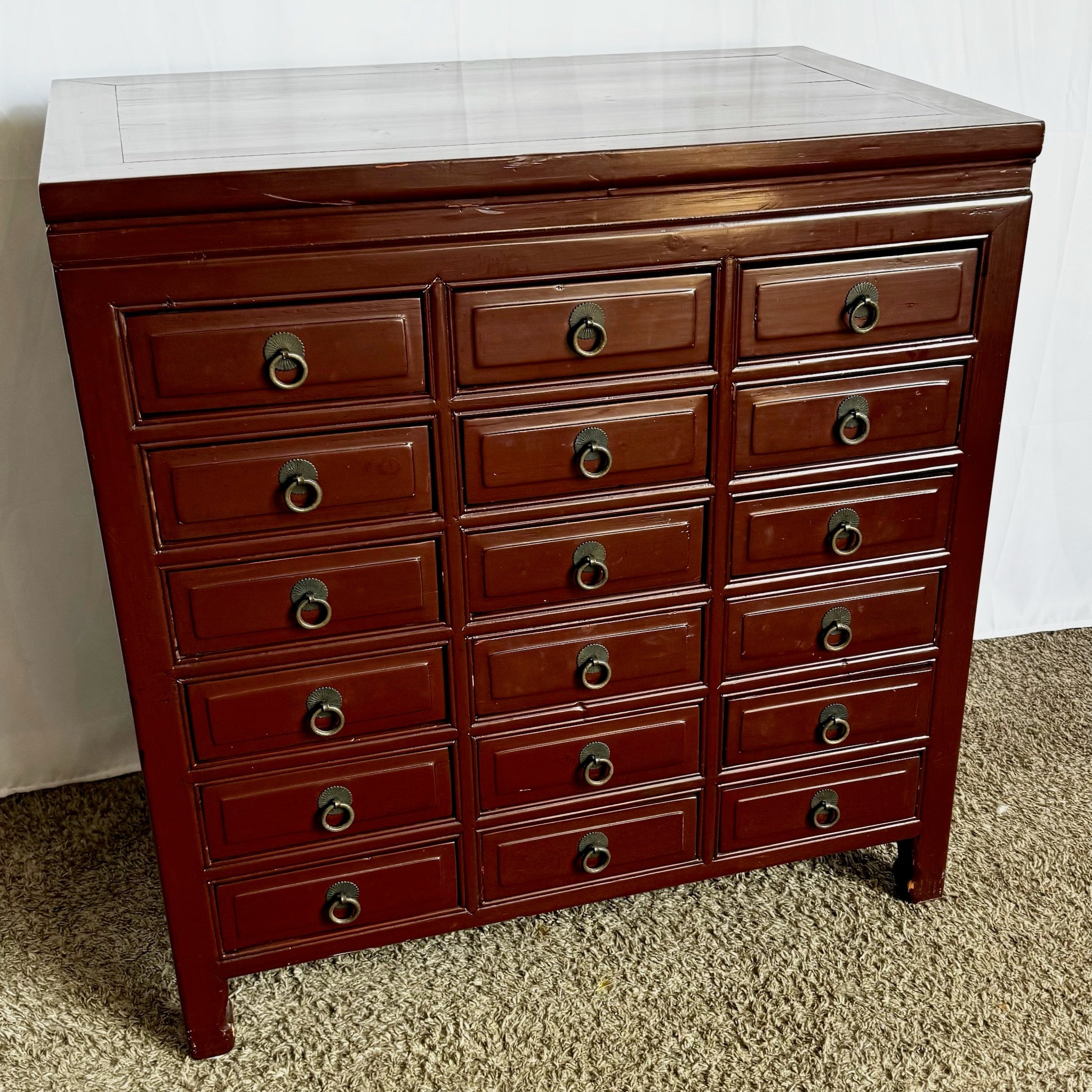 Chinese Ox Blood Red Apothecary Chest of Drawers - Dolphin & Flamingo
