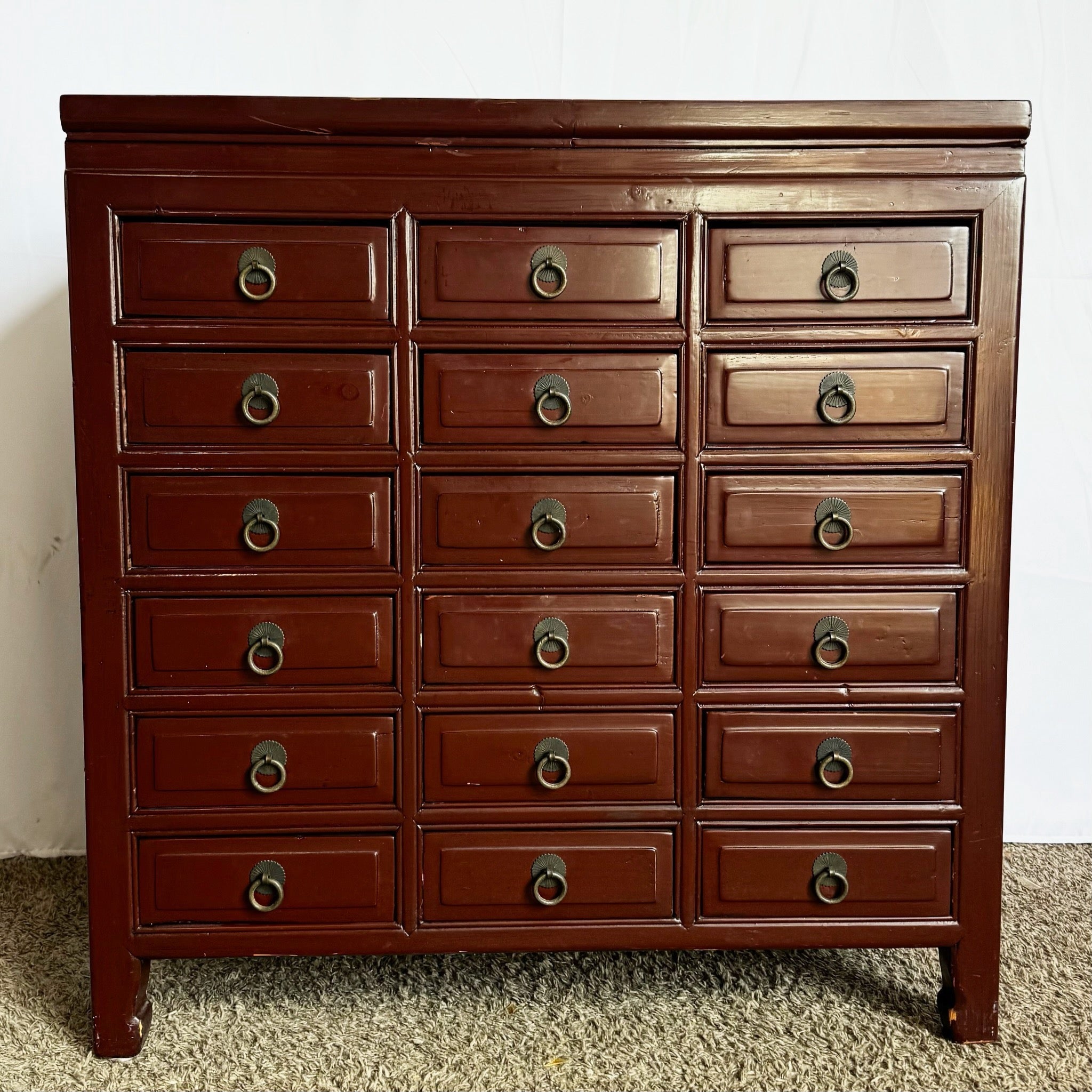 Chinese Ox Blood Red Apothecary Chest of Drawers - Dolphin & Flamingo