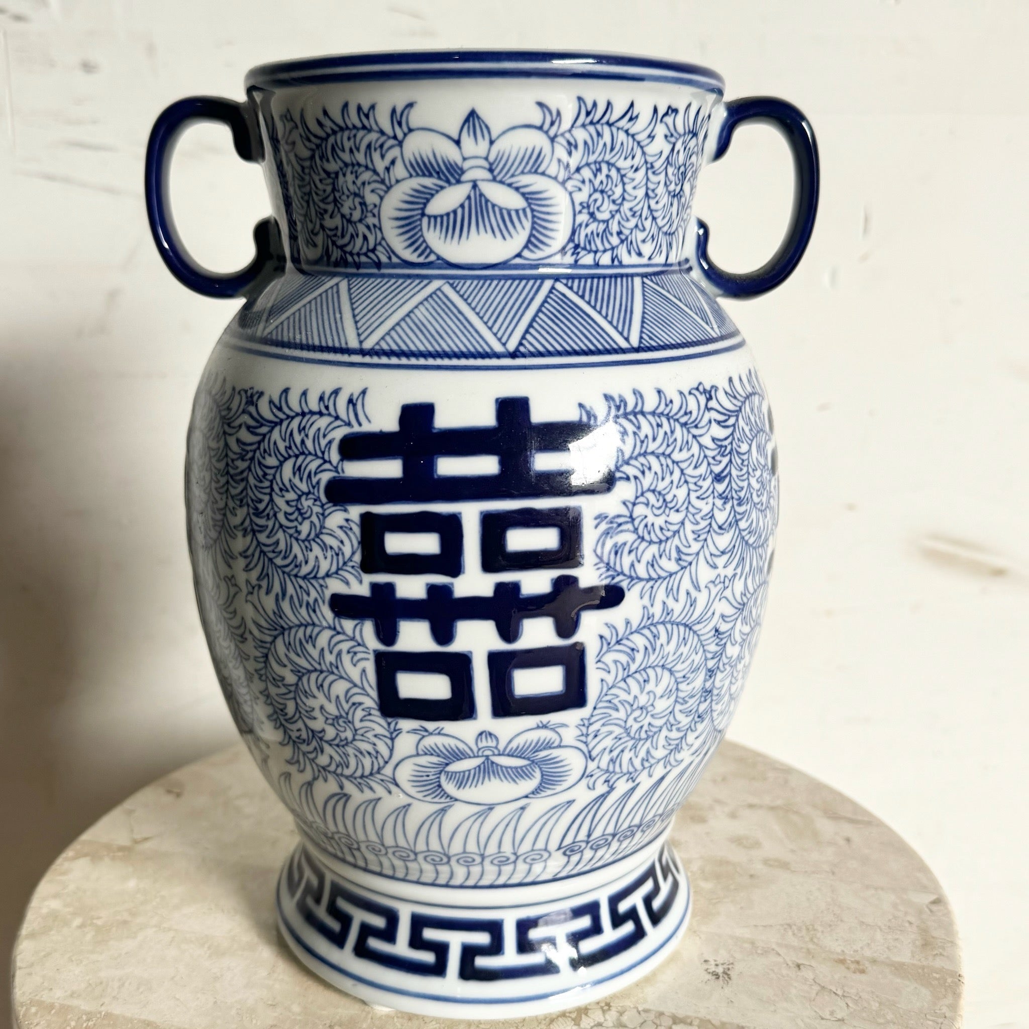 Chinese Qing Dynasty Style Blue and White Vase - Dolphin & Flamingo