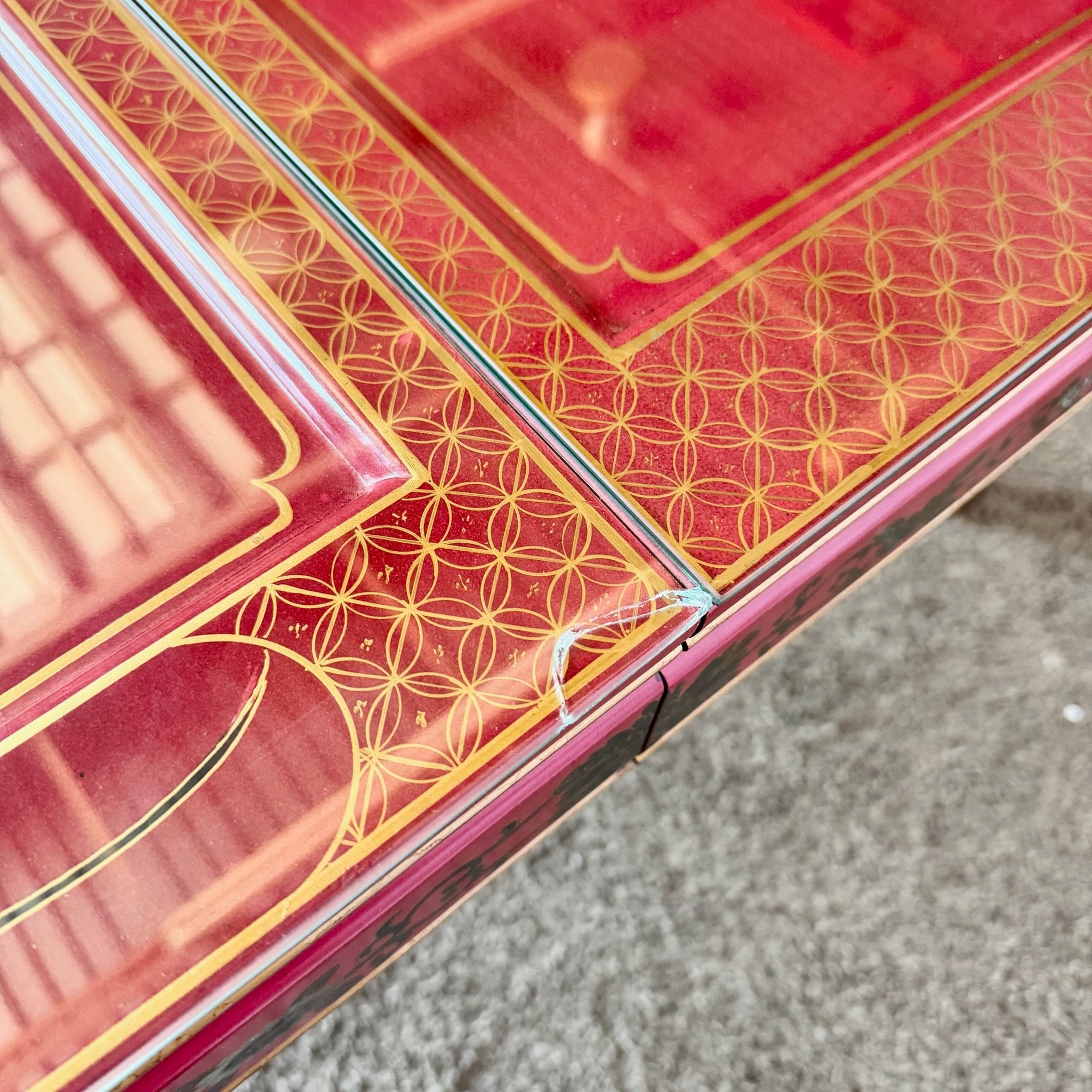 Chinese Red and Gold Lacquered Hand Painted Extendable Dining Table With Glass Top - Dolphin & Flamingo