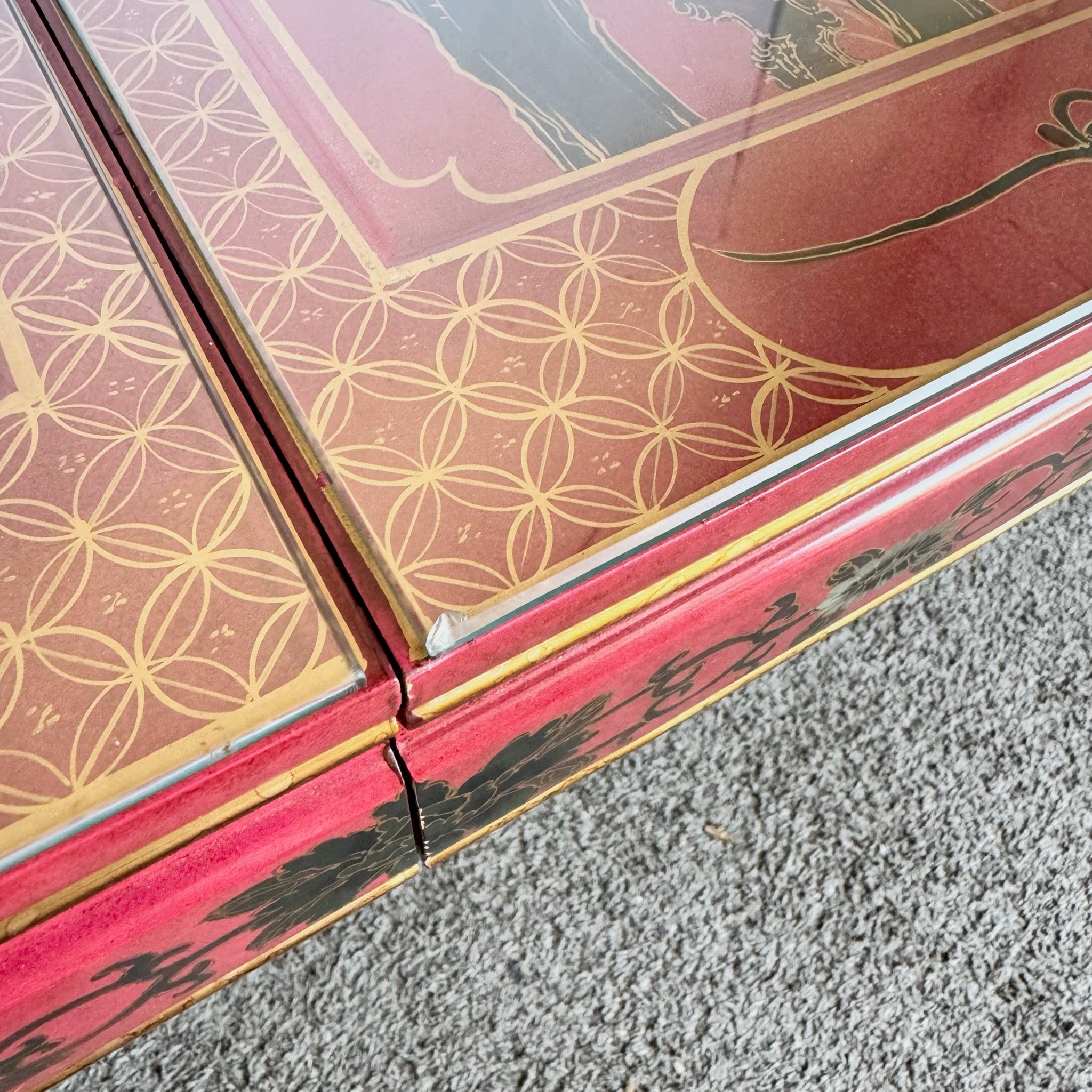 Chinese Red and Gold Lacquered Hand Painted Extendable Dining Table With Glass Top - Dolphin & Flamingo