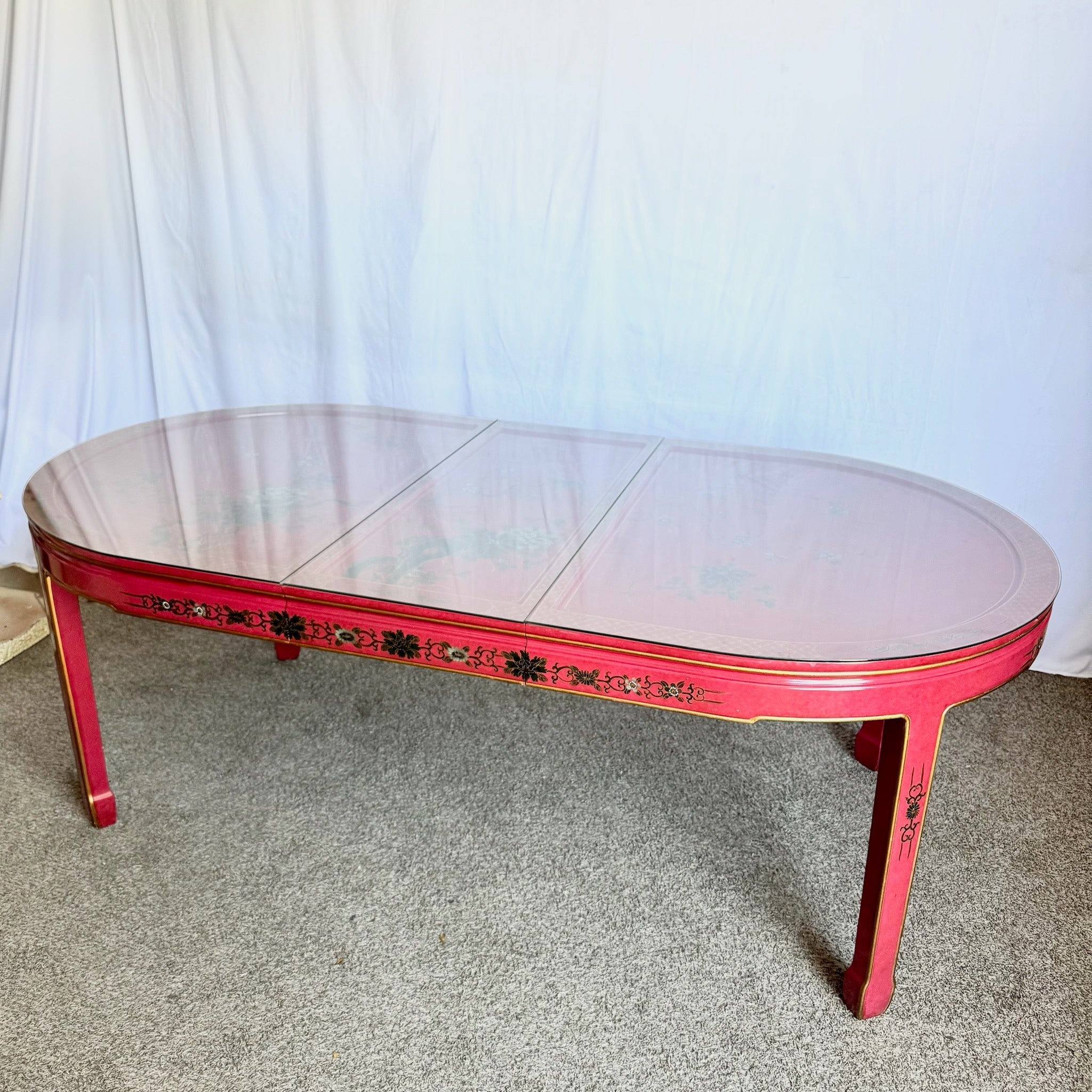 Chinese Red and Gold Lacquered Hand Painted Extendable Dining Table With Glass Top - Dolphin & Flamingo
