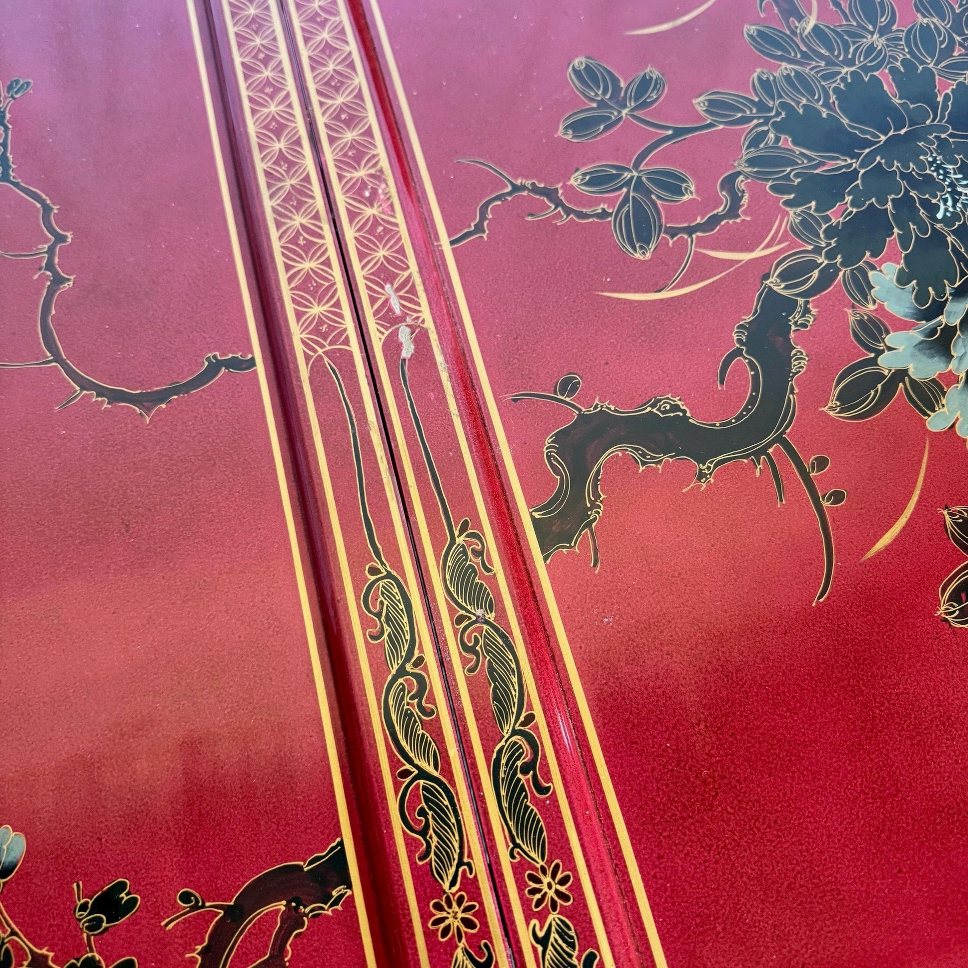Chinese Red and Gold Lacquered Hand Painted Extendable Dining Table With Glass Top - Dolphin & Flamingo
