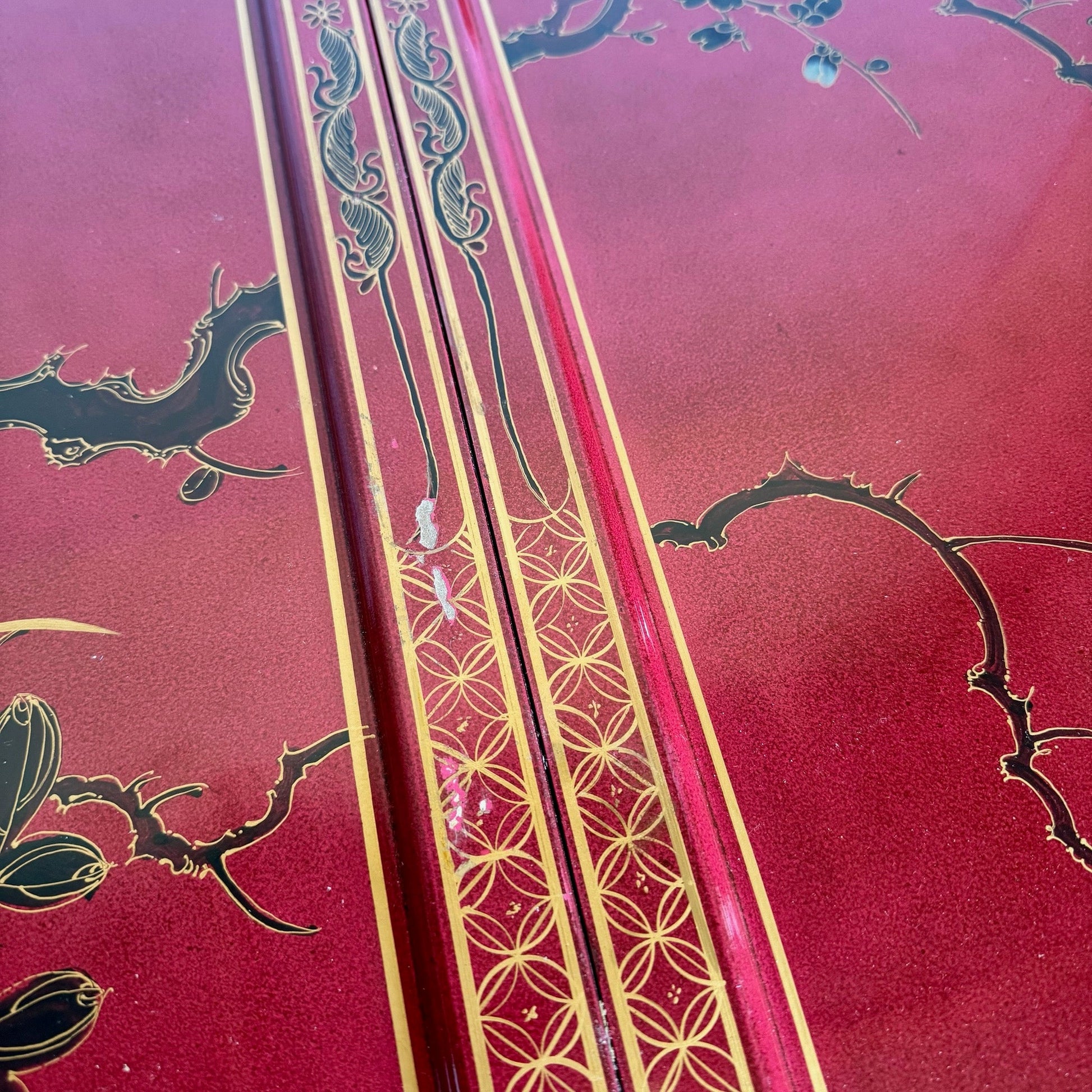 Chinese Red and Gold Lacquered Hand Painted Extendable Dining Table With Glass Top - Dolphin & Flamingo
