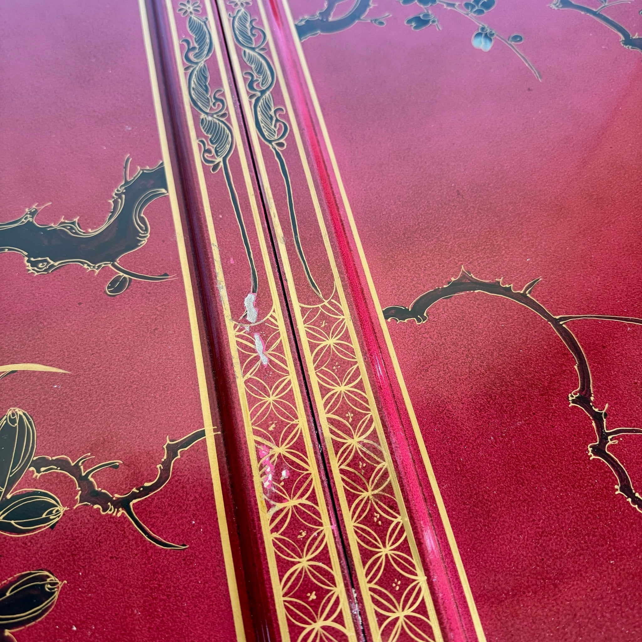 Chinese Red and Gold Lacquered Hand Painted Extendable Dining Table With Glass Top - Dolphin & Flamingo