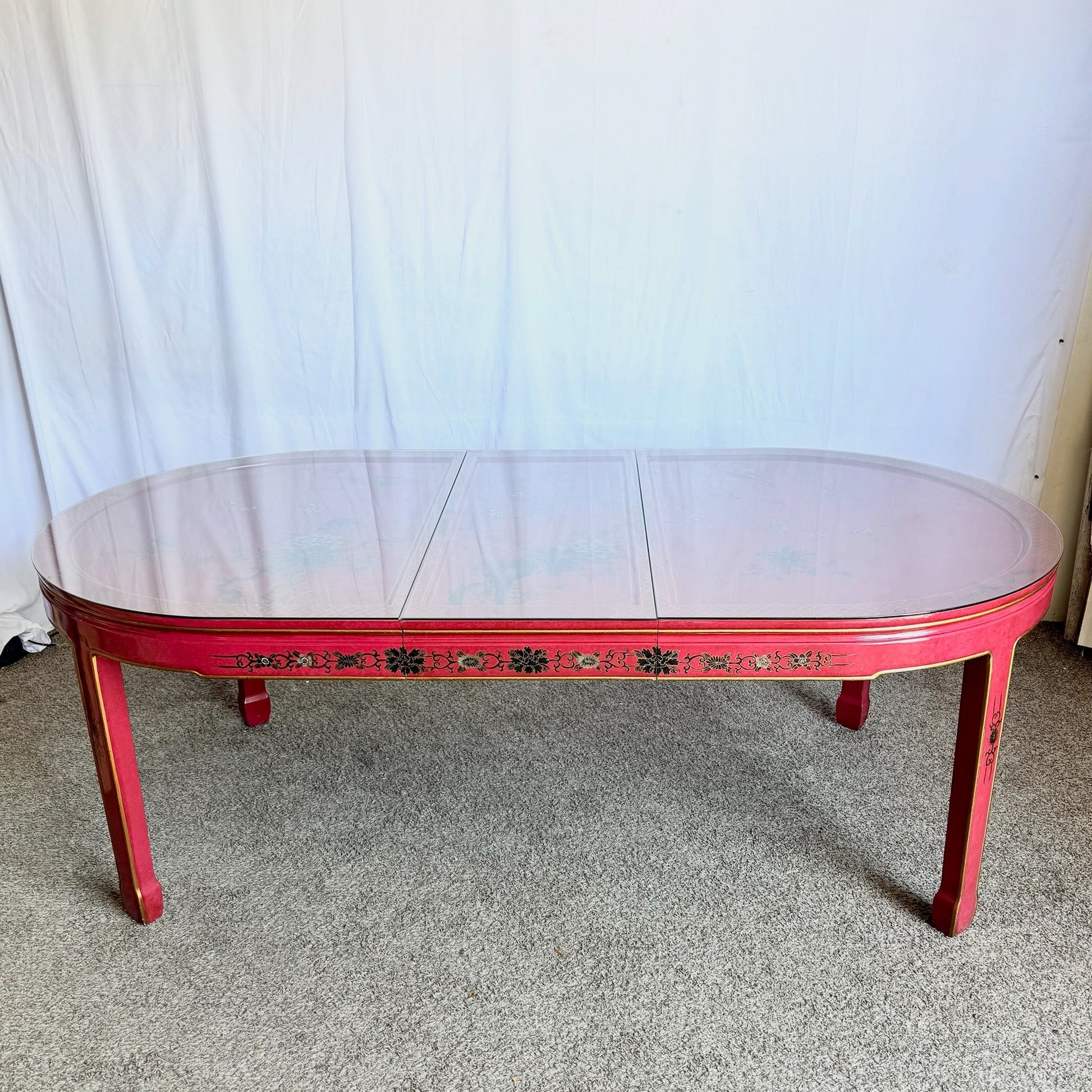 Chinese Red and Gold Lacquered Hand Painted Extendable Dining Table With Glass Top - Dolphin & Flamingo