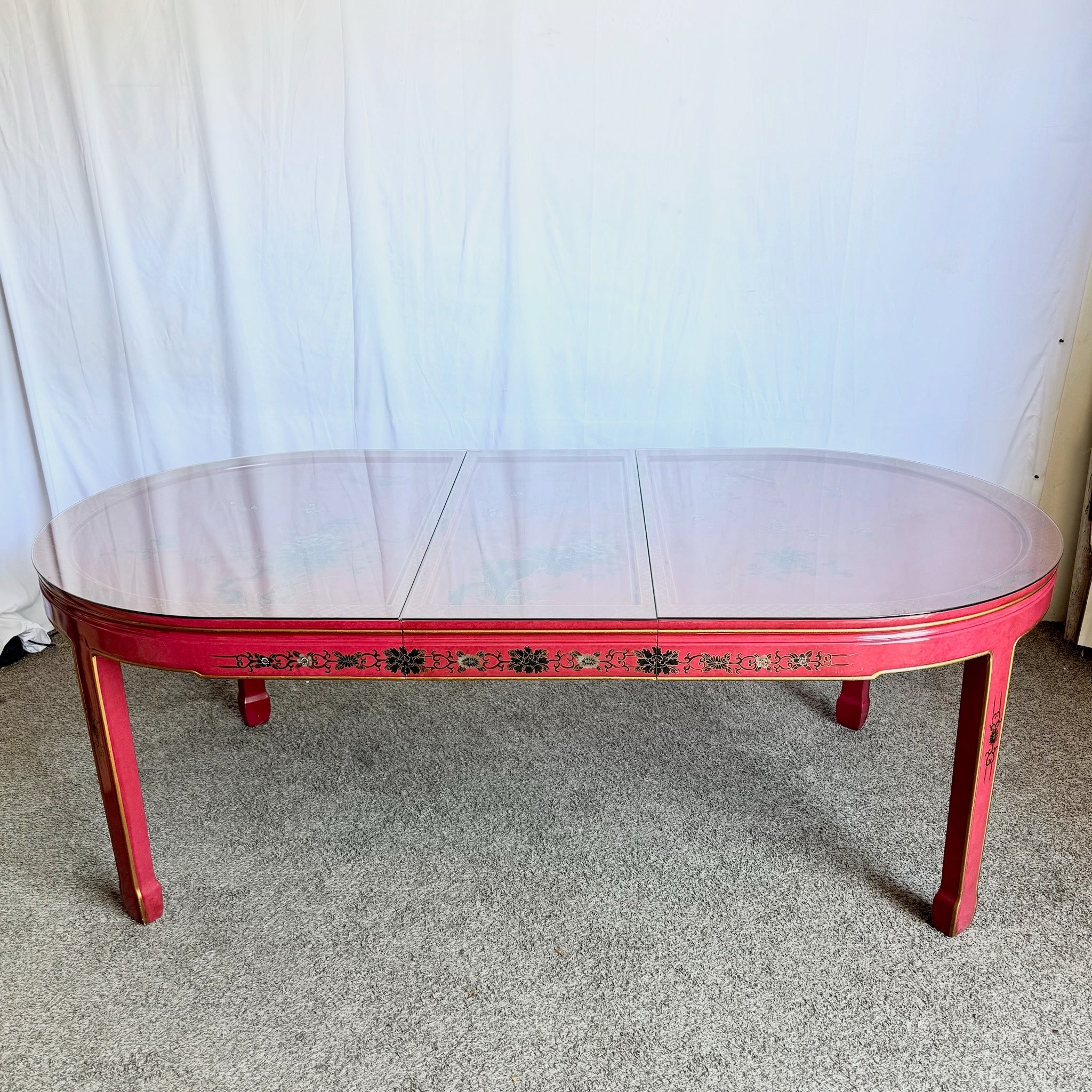 Chinese Red and Gold Lacquered Hand Painted Extendable Dining Table With Glass Top - Dolphin & Flamingo