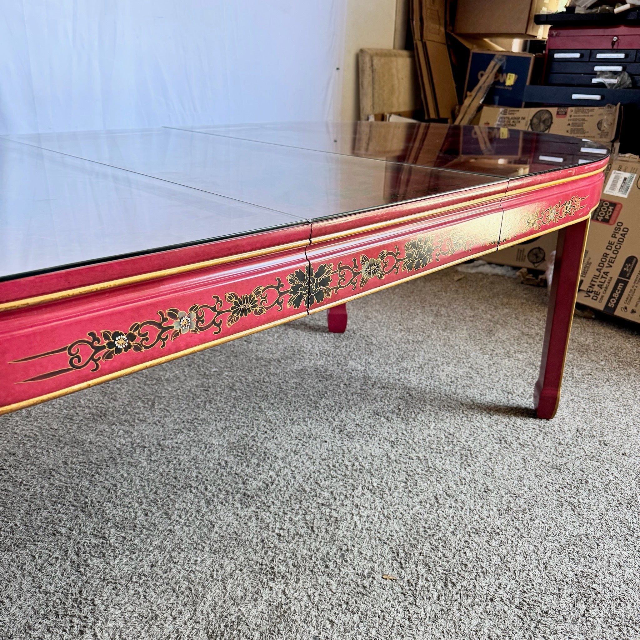 Chinese Red and Gold Lacquered Hand Painted Extendable Dining Table With Glass Top - Dolphin & Flamingo
