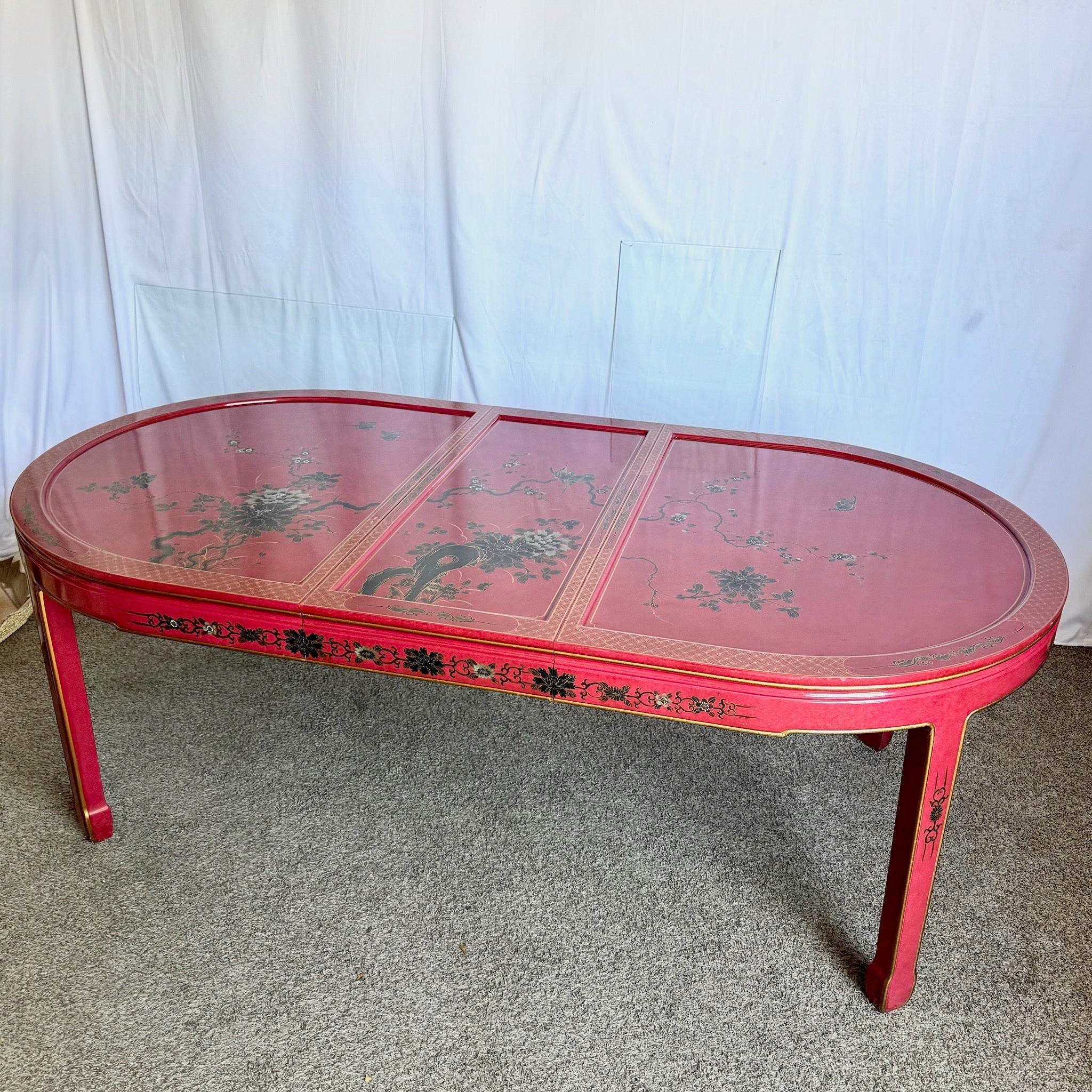 Chinese Red and Gold Lacquered Hand Painted Extendable Dining Table With Glass Top - Dolphin & Flamingo