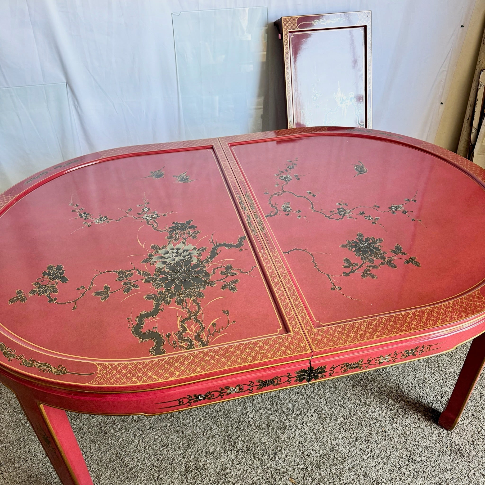 Chinese Red and Gold Lacquered Hand Painted Extendable Dining Table With Glass Top - Dolphin & Flamingo