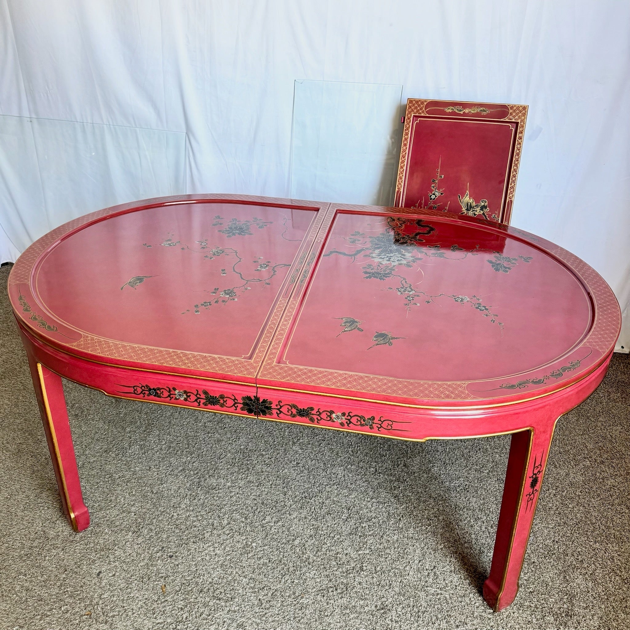 Chinese Red and Gold Lacquered Hand Painted Extendable Dining Table With Glass Top - Dolphin & Flamingo
