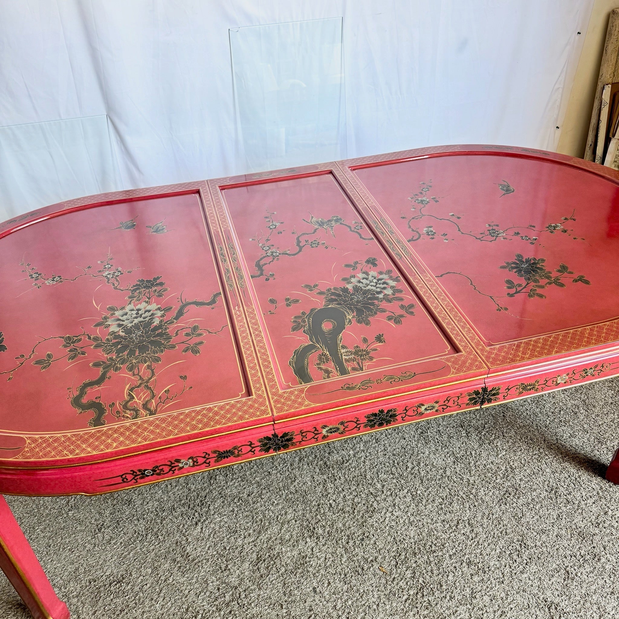 Chinese Red and Gold Lacquered Hand Painted Extendable Dining Table With Glass Top - Dolphin & Flamingo