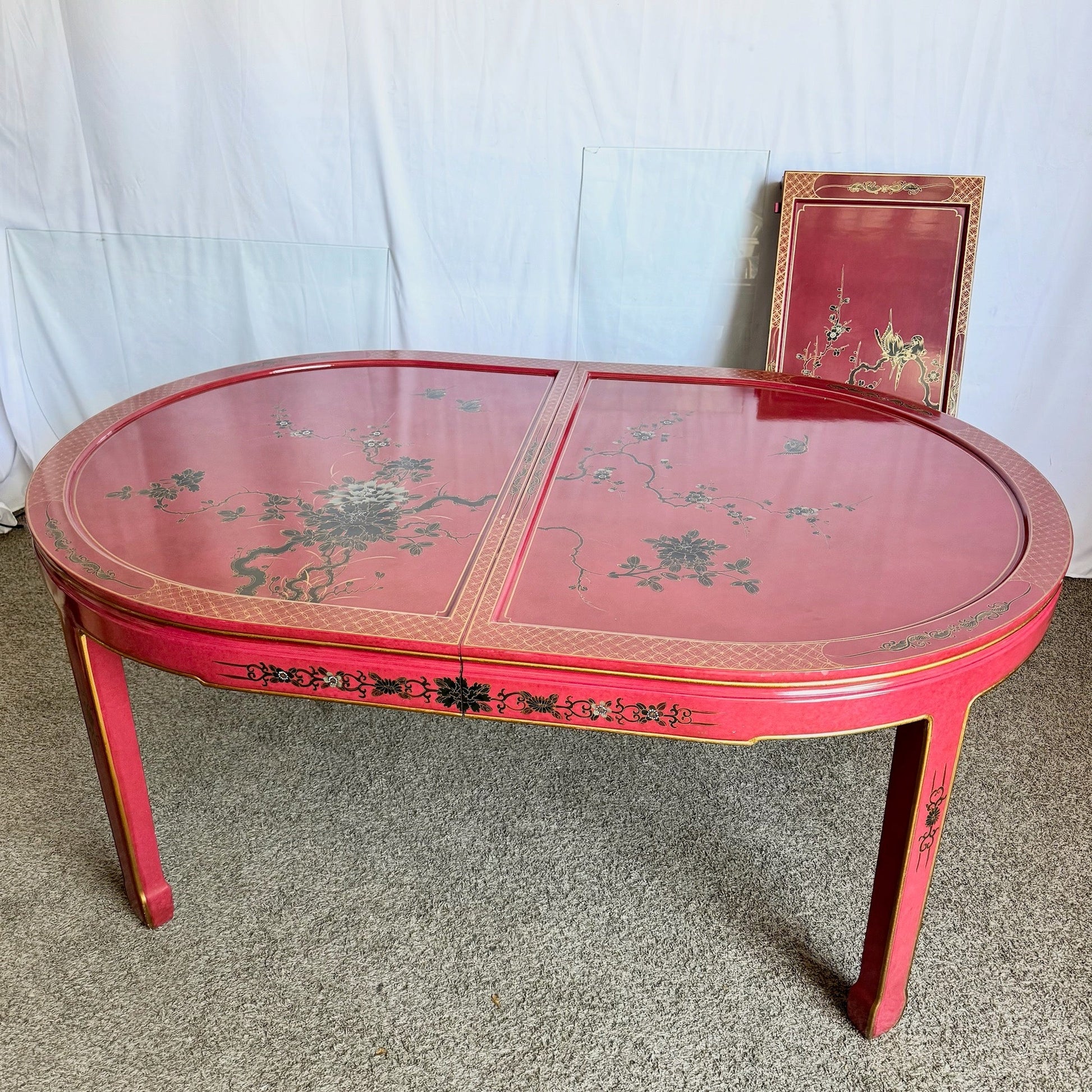Chinese Red and Gold Lacquered Hand Painted Extendable Dining Table With Glass Top - Dolphin & Flamingo