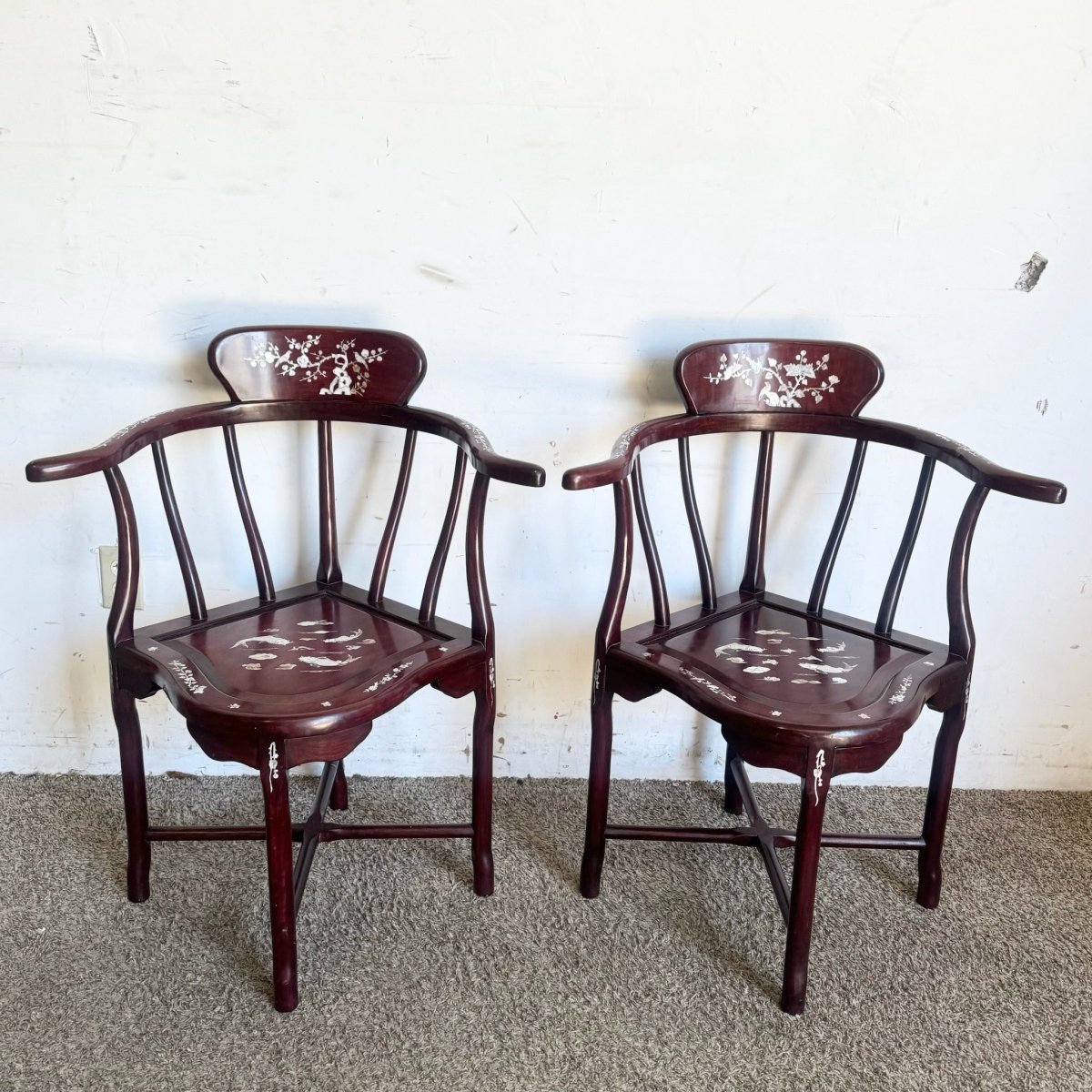 Chinese Rose Wood With Mother of Pearl Inlay Corner Chairs - a Pair - Dolphin & Flamingo