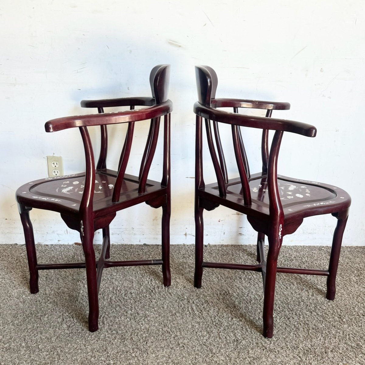 Chinese Rose Wood With Mother of Pearl Inlay Corner Chairs - a Pair - Dolphin & Flamingo