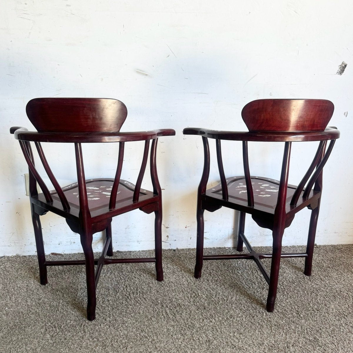 Chinese Rose Wood With Mother of Pearl Inlay Corner Chairs - a Pair - Dolphin & Flamingo