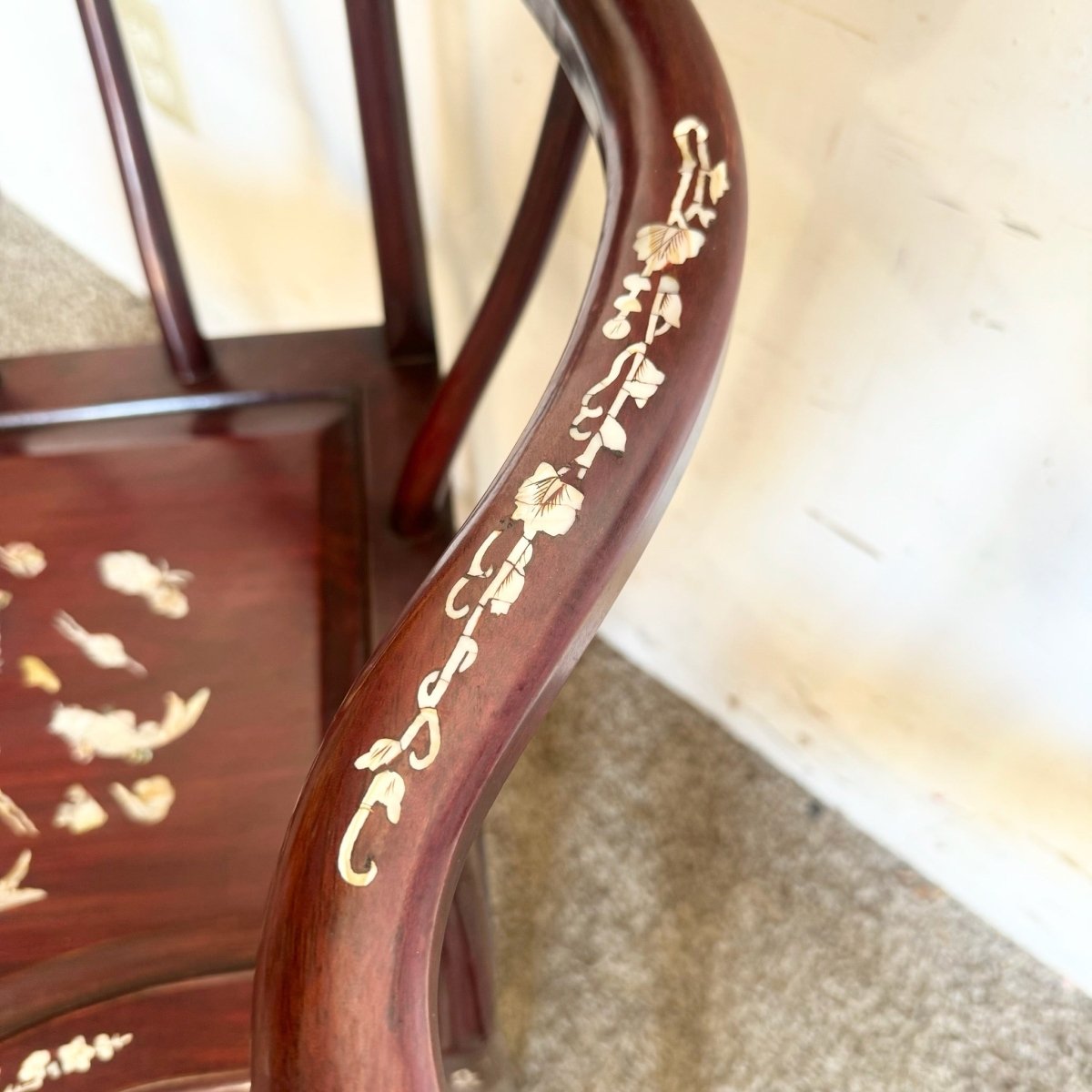 Chinese Rose Wood With Mother of Pearl Inlay Corner Chairs - a Pair - Dolphin & Flamingo