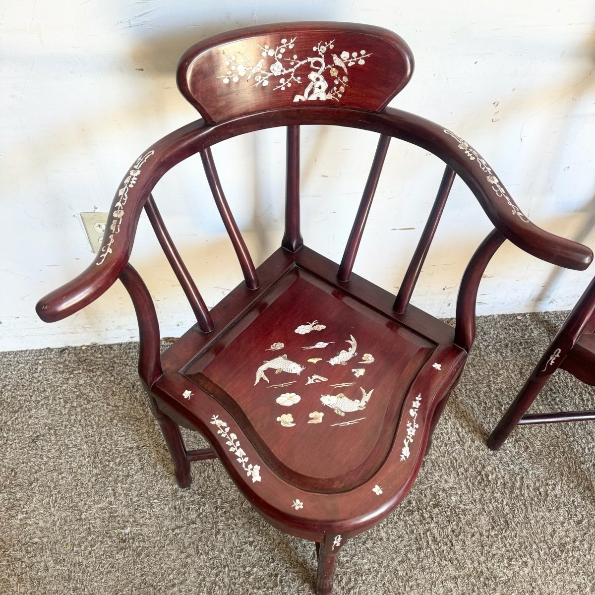 Chinese Rose Wood With Mother of Pearl Inlay Corner Chairs - a Pair - Dolphin & Flamingo