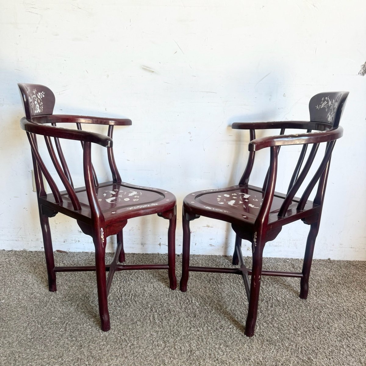 Chinese Rose Wood With Mother of Pearl Inlay Corner Chairs - a Pair - Dolphin & Flamingo