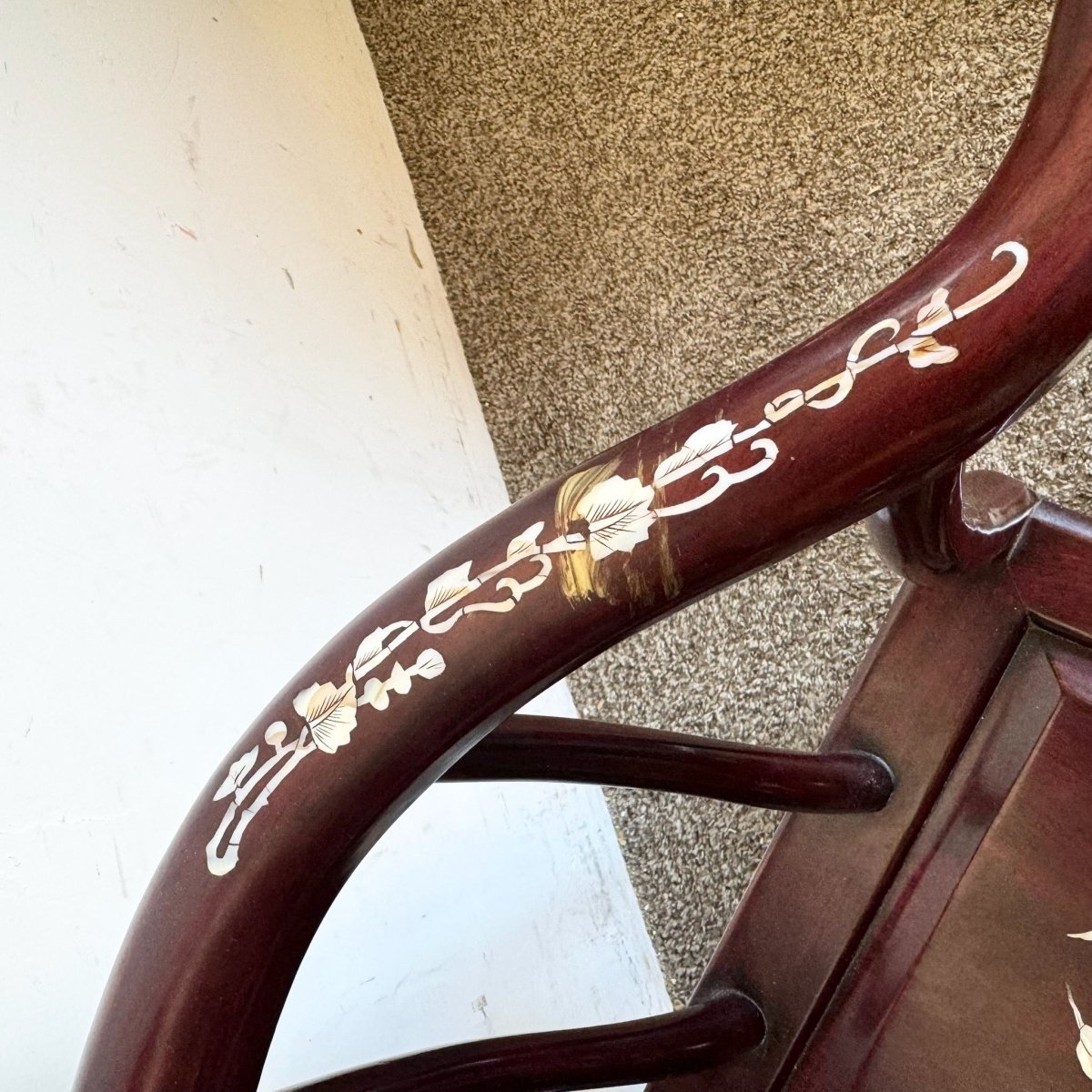 Chinese Rose Wood With Mother of Pearl Inlay Corner Chairs - a Pair - Dolphin & Flamingo