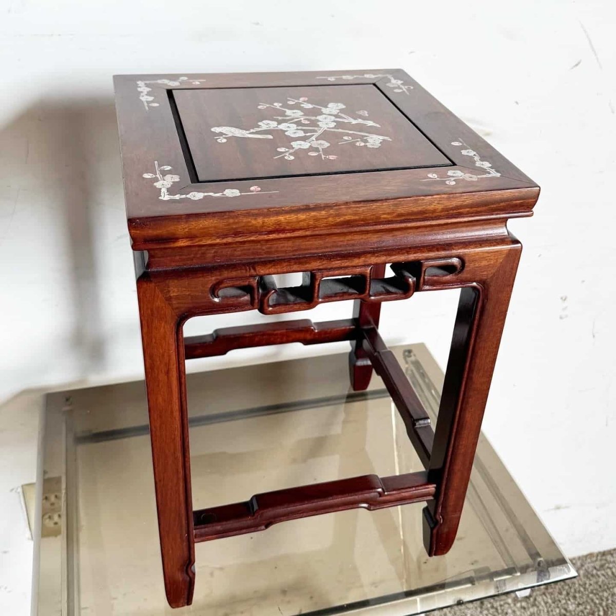 Chinese Wooden and Mother of Pearl Inlay Pedestal/Side Table - Dolphin & Flamingo