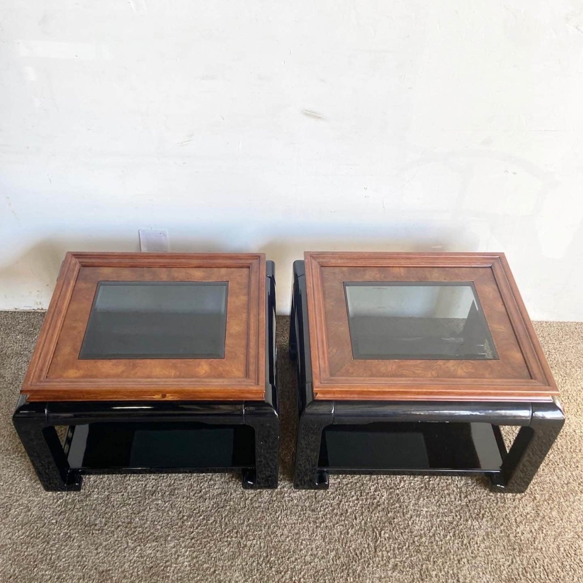 Chinoiserie Black Lacquered and Burl Wood Glass Top Side Tables - a Pair - Dolphin & Flamingo