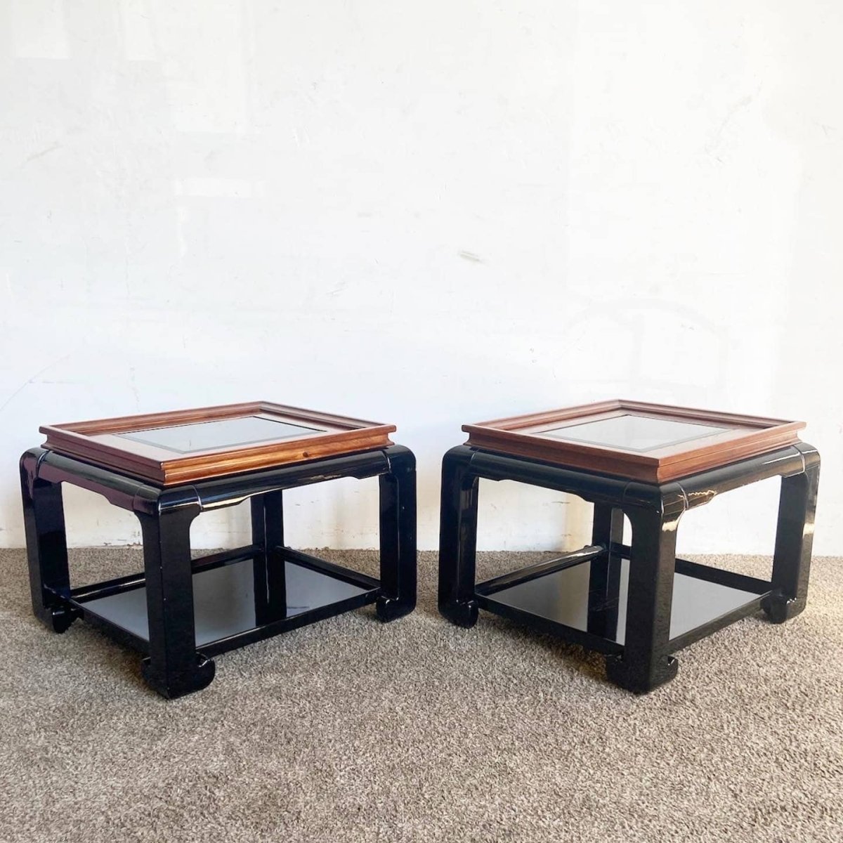 Chinoiserie Black Lacquered and Burl Wood Glass Top Side Tables - a Pair - Dolphin & Flamingo