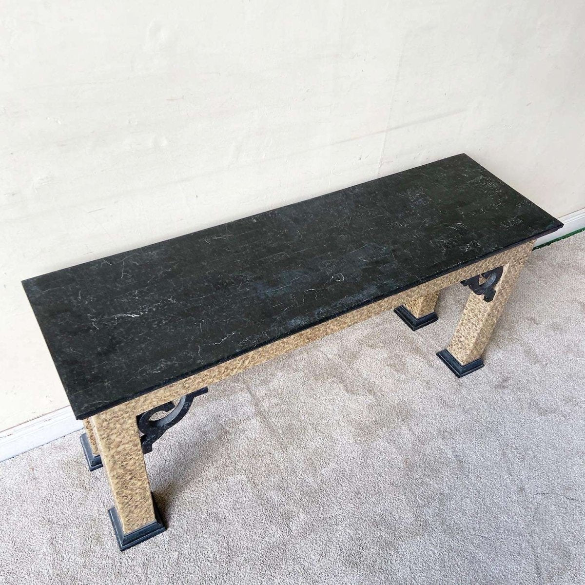 Chinoiserie Black Tessellated Stone Top Console Table - Dolphin & Flamingo