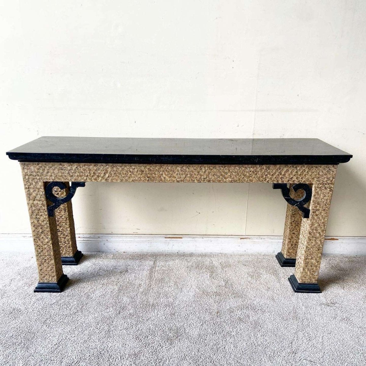 Chinoiserie Black Tessellated Stone Top Console Table - Dolphin & Flamingo