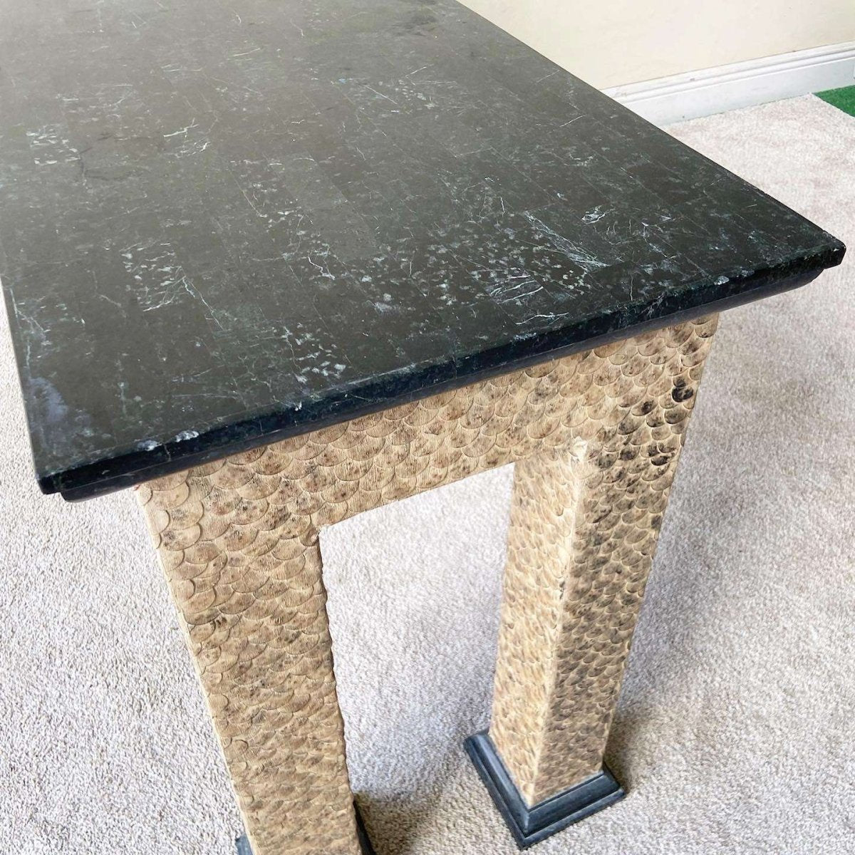 Chinoiserie Black Tessellated Stone Top Console Table - Dolphin & Flamingo