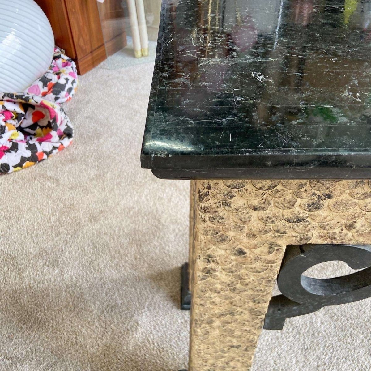 Chinoiserie Black Tessellated Stone Top Console Table - Dolphin & Flamingo