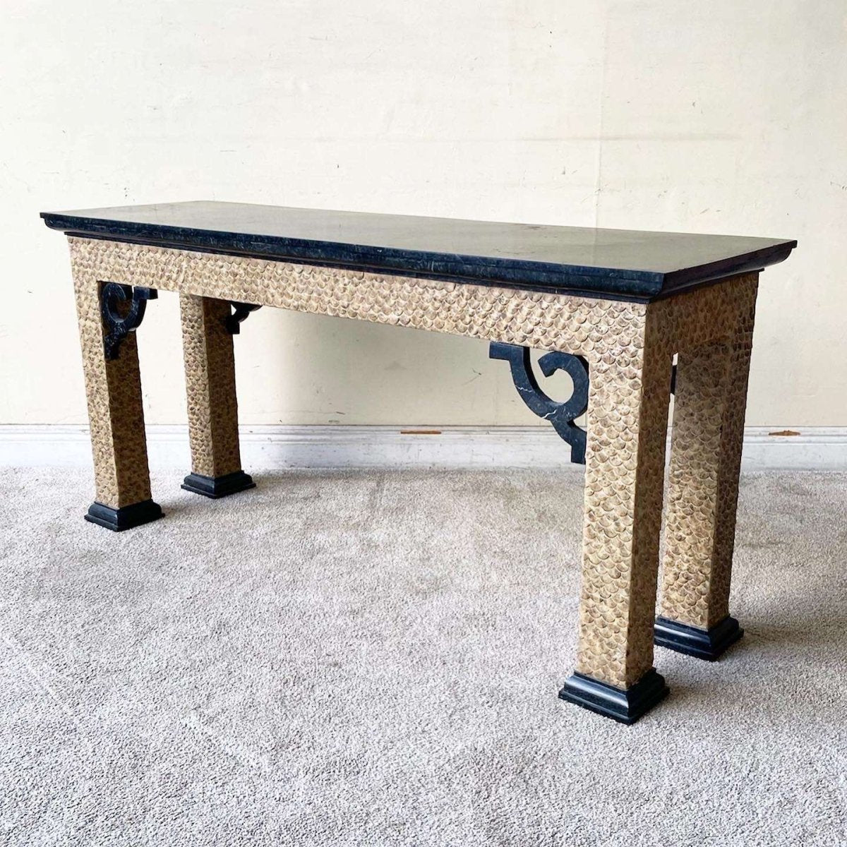 Chinoiserie Black Tessellated Stone Top Console Table - Dolphin & Flamingo