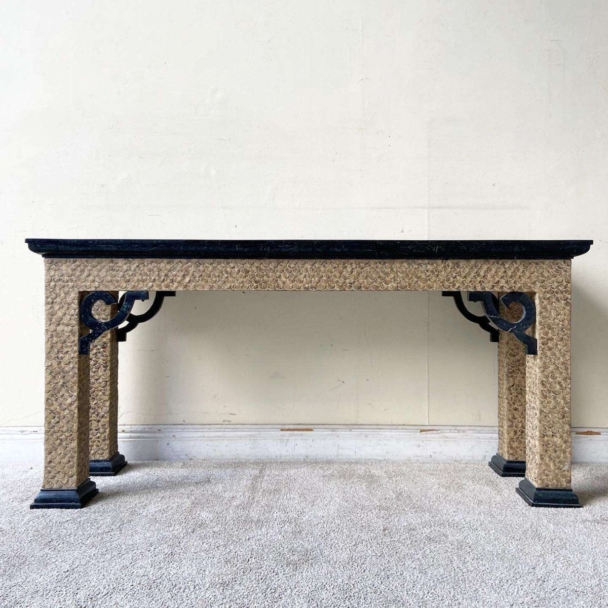 Chinoiserie Black Tessellated Stone Top Console Table - Dolphin & Flamingo