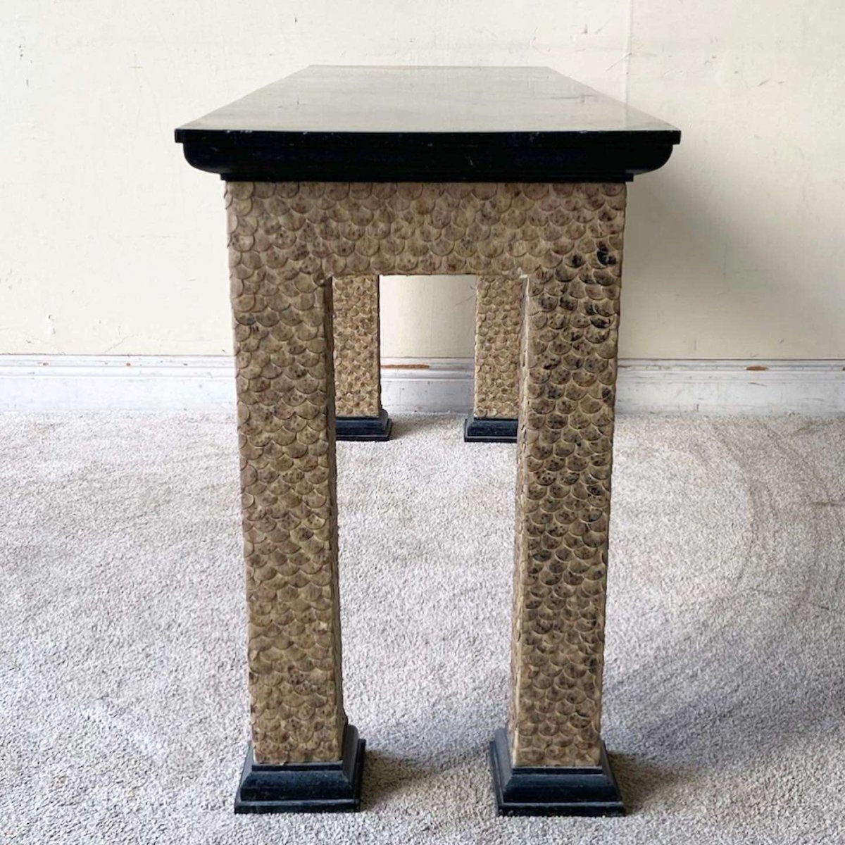 Chinoiserie Black Tessellated Stone Top Console Table - Dolphin & Flamingo